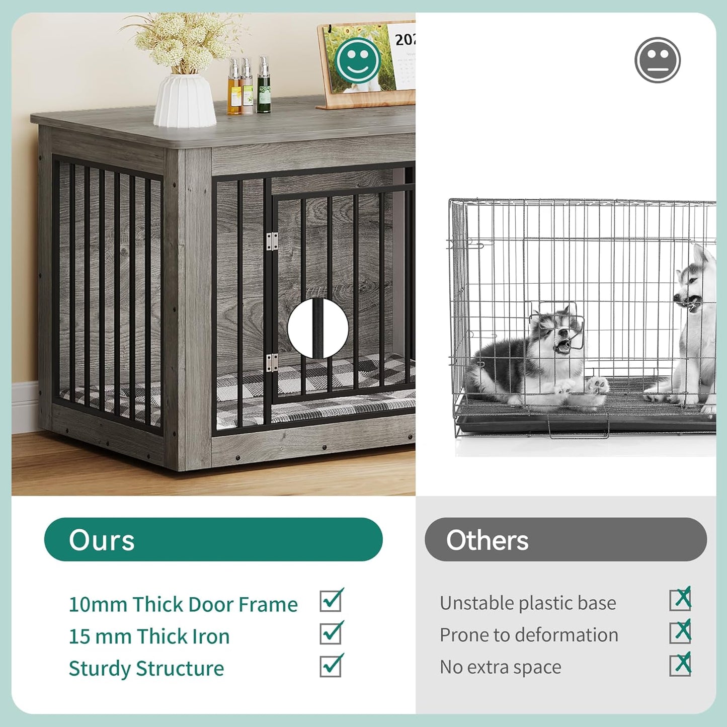 YITAHOME 76 Inch Double Dog Crate Furniture, XXL Dog Crate Furniture for 2 Dogs, Side End Table, Waterproof Top, Safety Corners, 2-in-1 Iron-Wood Fusion Dog Kennel Furniture for 2 Large Dogs,Greige