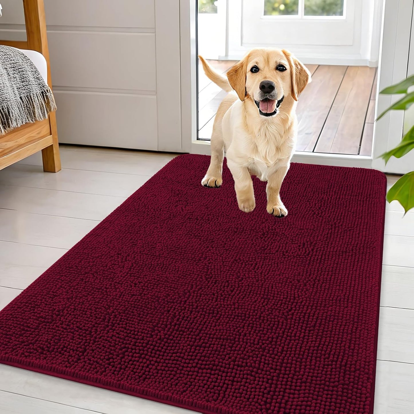 OLANLY Dog Door Mat for Muddy Paws 44x32, Absorbs Moisture and Dirt, Absorbent Non-Slip Washable Doormat, Quick Dry Chenille Mud Mat for Dogs, Entry Indoor Entryway Carpet for Inside Floor, Burgundy