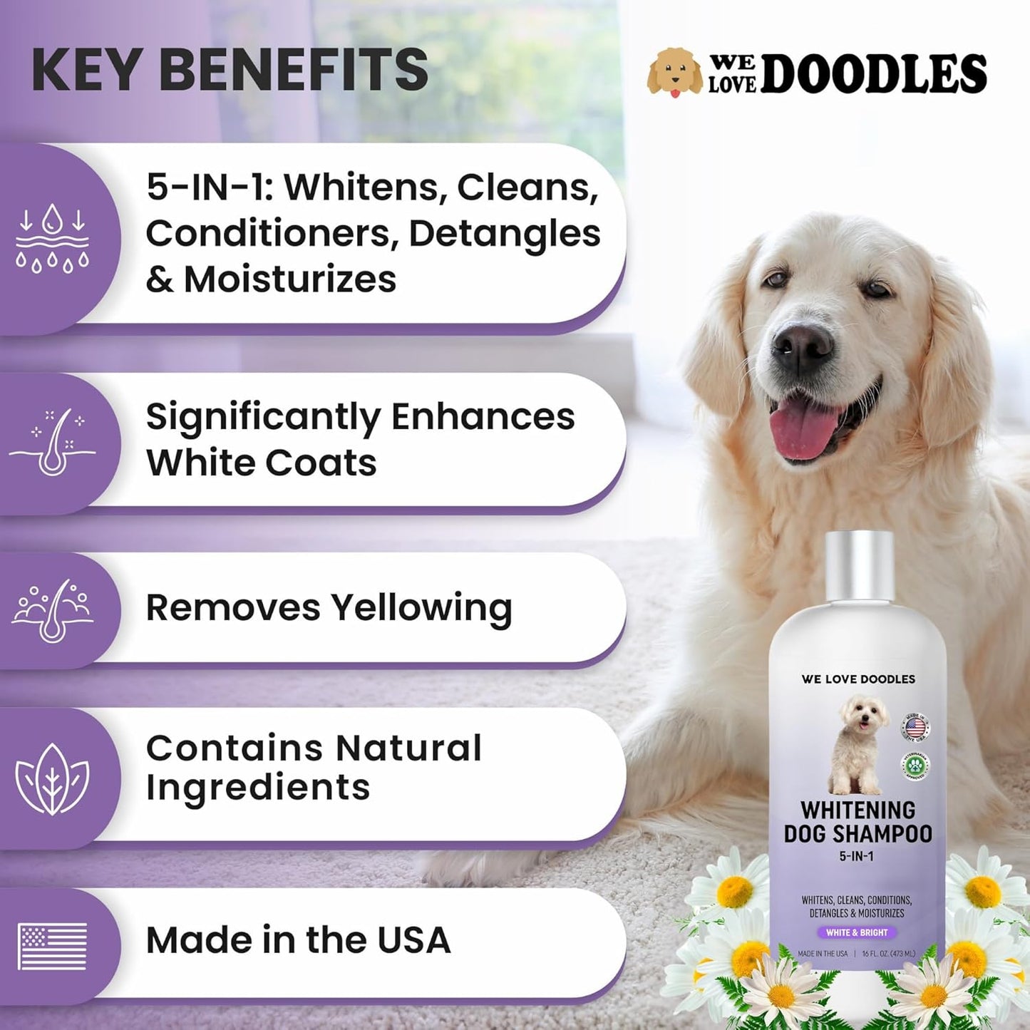 Whitening Dog Shampoo | Made in USA | Brightening Dogs Fur | White & Bright Hair | Removes Stains & Discoloration [We Love Doodles]