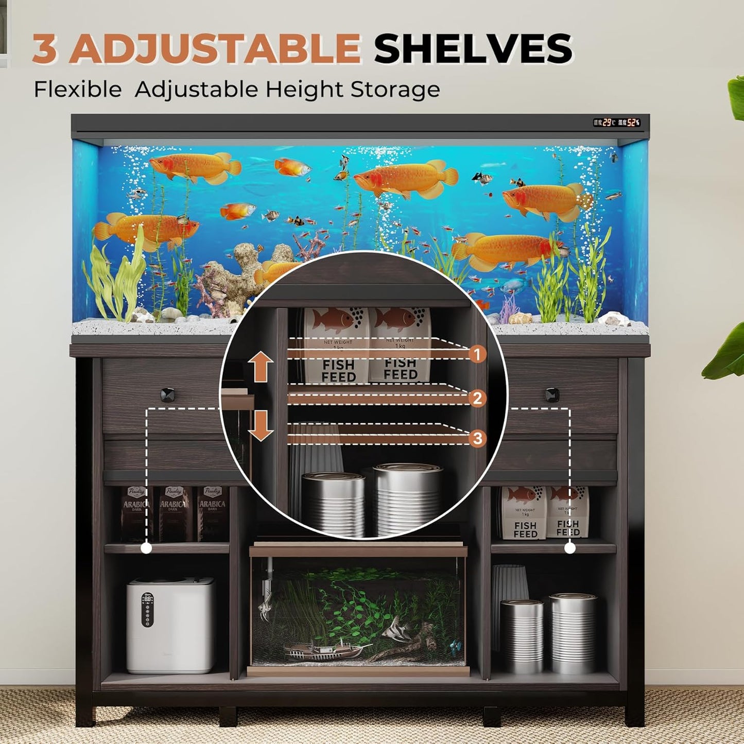 Miereirl 55-75 Gallon Fish Tank Stand with Power Outlet – Heavy Duty Aquarium Stand, Rustic Farmhouse Style, 800 lb Capacity, Adjustable Storage & Sliding Barn Doors, Dark Brown