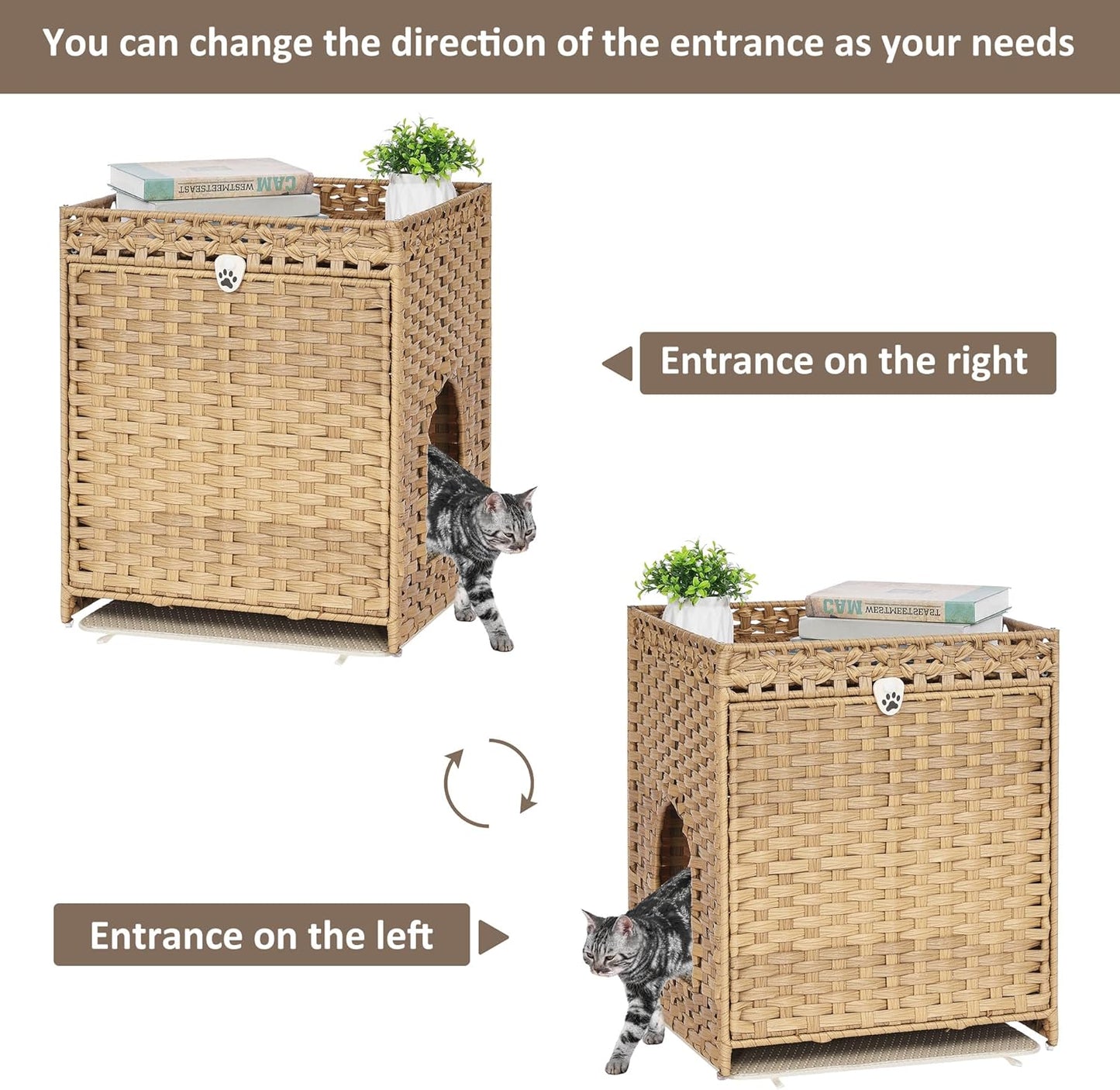 Cat Litter Box Enclosure with Soft Litter Mat; Hidden Cat Washroom Furniture with Door; Handwoven Rattan Cat House; Pet Crate for Living Room, Bedroom, Balcony (Natural)