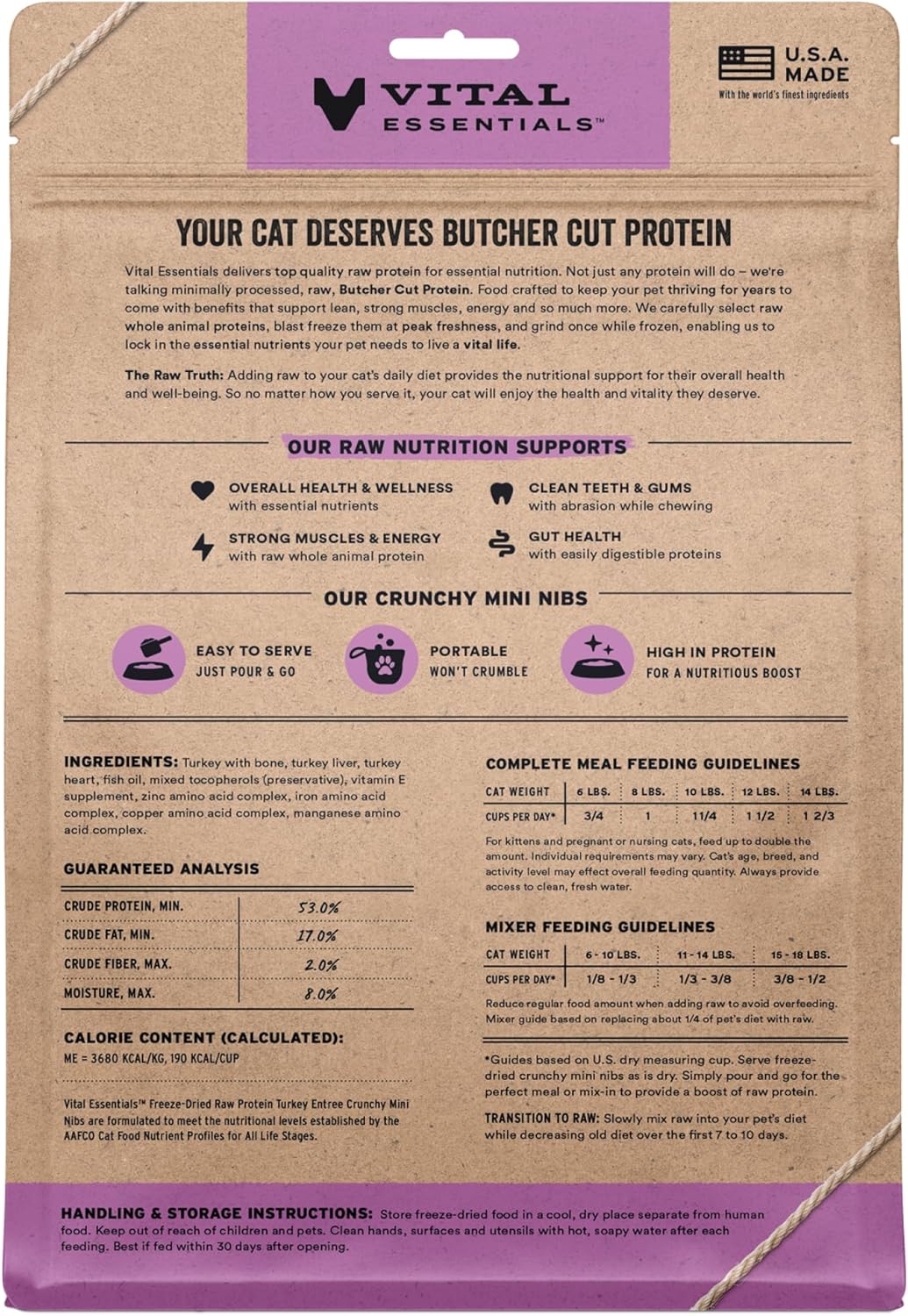 Vital Essentials Freeze-Dried Raw Turkey Meal or Mixer Cat Food Crunchy Nibs, 12 oz