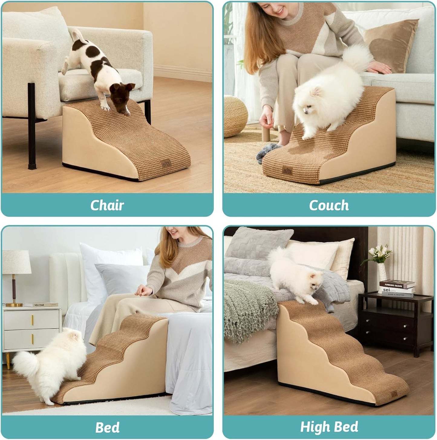 Dog Stairs for Small Dogs 15.7" H, Curved Dog Step for Puppy, Older Cat, Medium Pet Ramp for Sofa, Couch or Chair, Ladder with High Density Foam, 15.7x22.4x15.7 inch, 3 Step, Light Brown