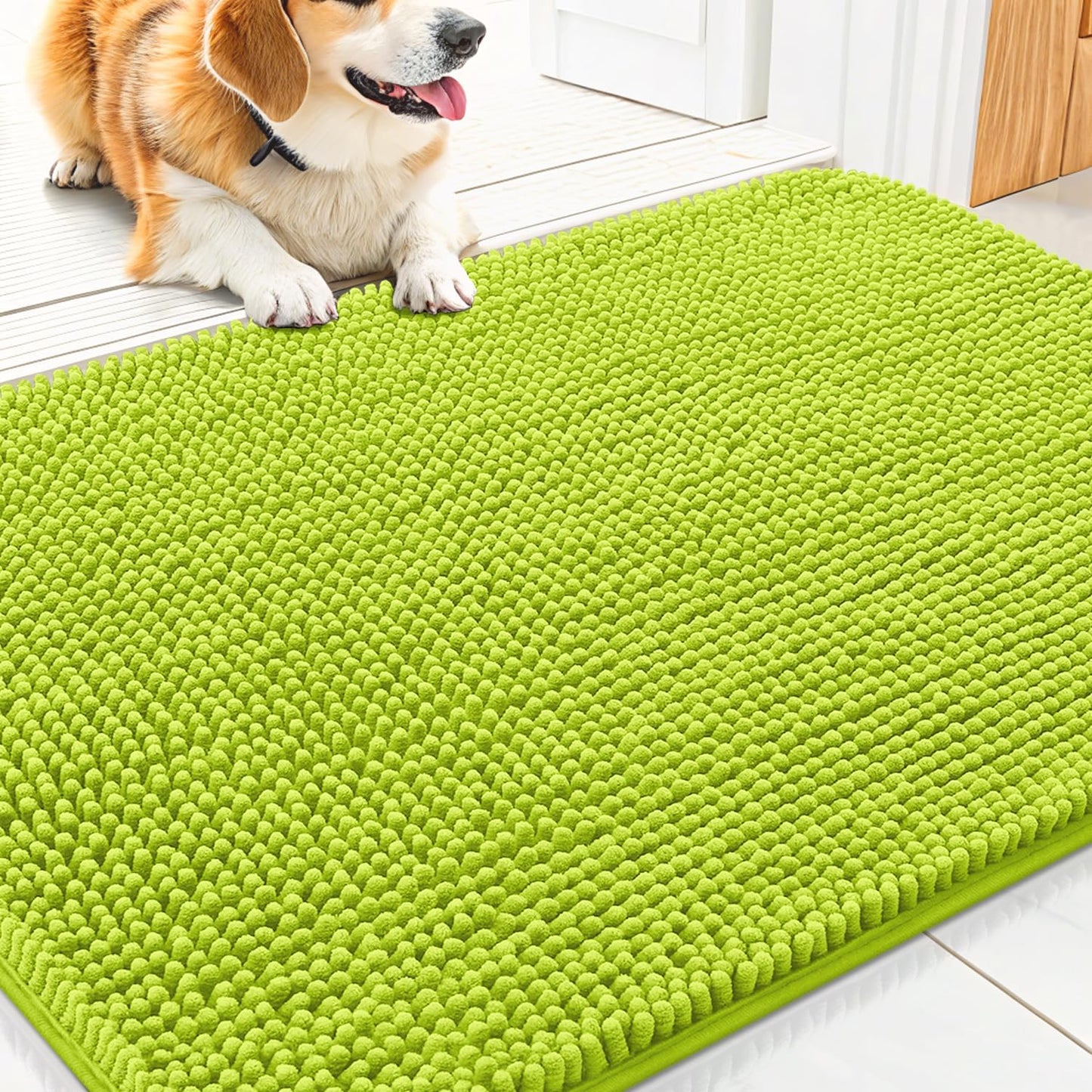Smiry Dog Door Mat for Muddy Paws 30x20, Absorbs Moisture and Dirt Doormat, Non-Slip Washable Quick Dry Chenille Front Door Mat Indoor Entrance, Entryway Carpet for Inside Floor, Bright Green