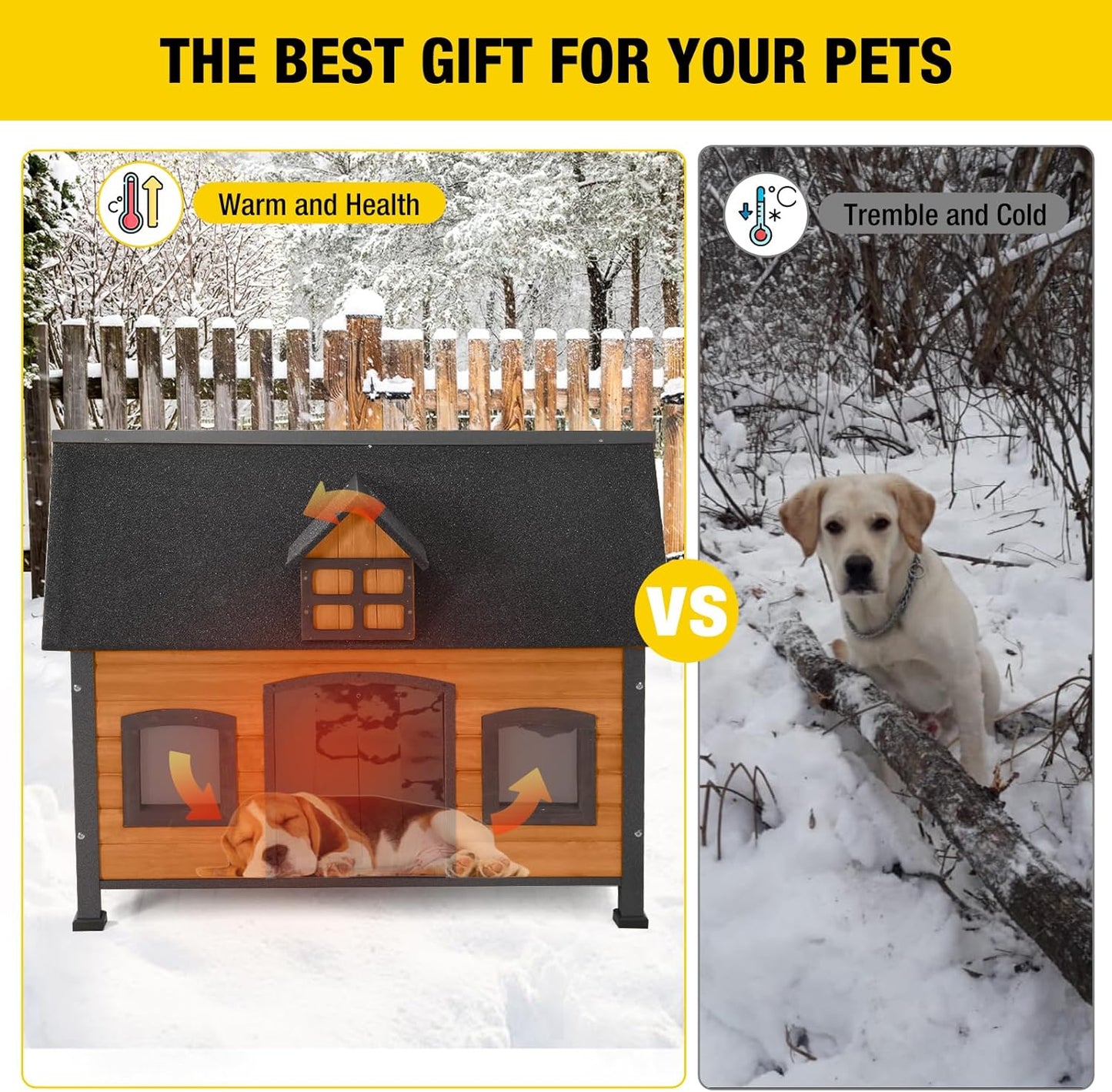 Aivituvin Dog House with Insulated Liner Anti-Chewing Metal Frame Design Insulated Wooden Dog Kennel with Unique Design Roof, Weatherproof Dog House for Outdoor Indoor