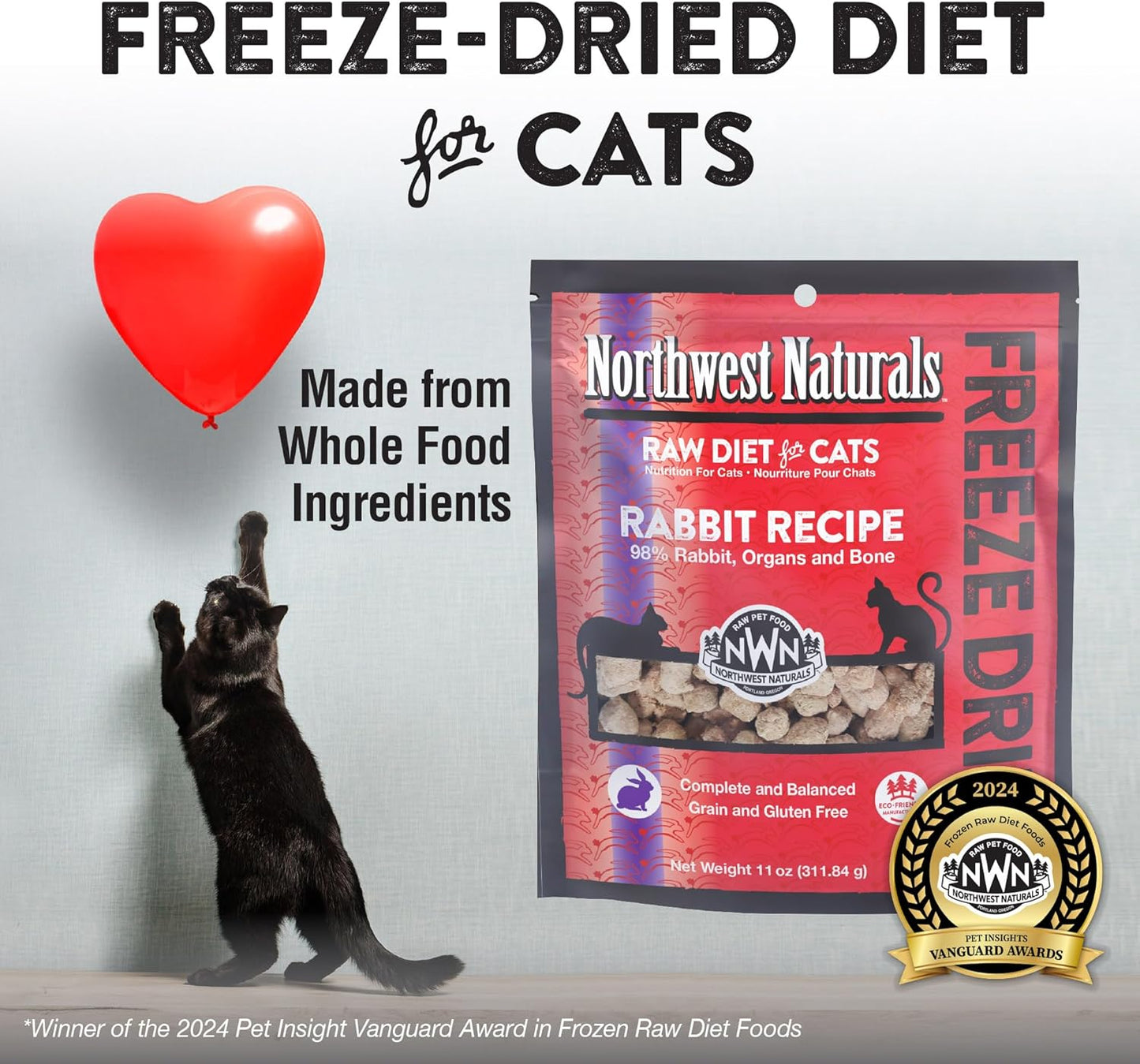 Northwest Naturals Freeze-Dried Rabbit Cat & Kitten Food – Bite-Sized Nibbles – Healthy, Limited, Human-Grade Ingredients, All-Natural, High-Protein Raw Diet – Complete & Balanced, Grain-Free – 11 oz