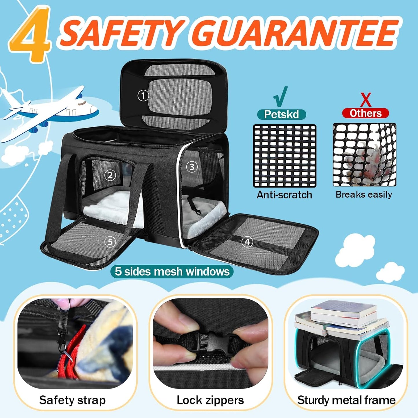 Petskd Top-Expandable Pet Carrier with Wheels 18x13x9.5 Inches Southwest Airline Approved, Soft-Sided Carrier for Small Cats Dogs with Locking Safety Zippers and Anti-Scratch Mesh(Black)