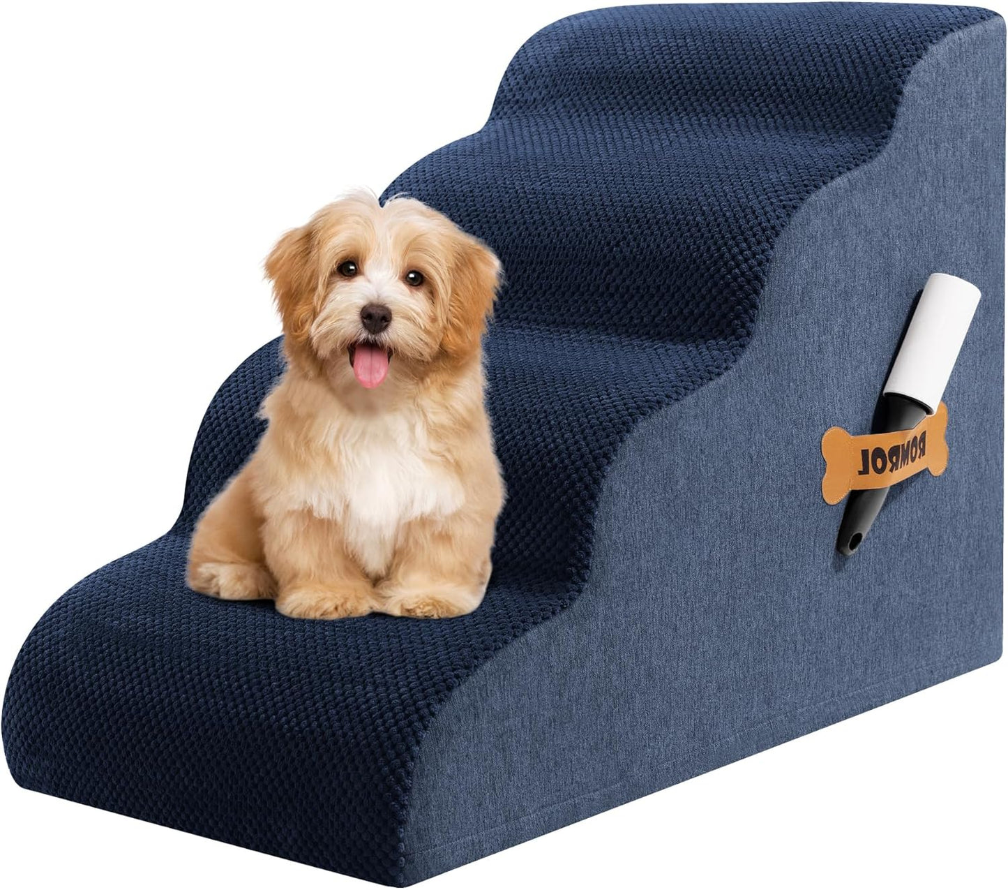 Dog Stairs, Romrol Dog Steps Ramp for High Bed and Couch, Dogs Ramp with Durable Non-Slip Waterproof Fabric Cover, Pet Stairs for Small Dogs and Cats or Pets Joints, 4-TiersNavy
