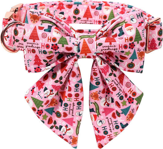 Lionet Paws Christmas Dog Collar with Sailor Bow, Cute Ho Christmas Tree Snowman Pink Dog Collar Bow Tie for Puppies and Cats, XS, Neck 8-12 inches