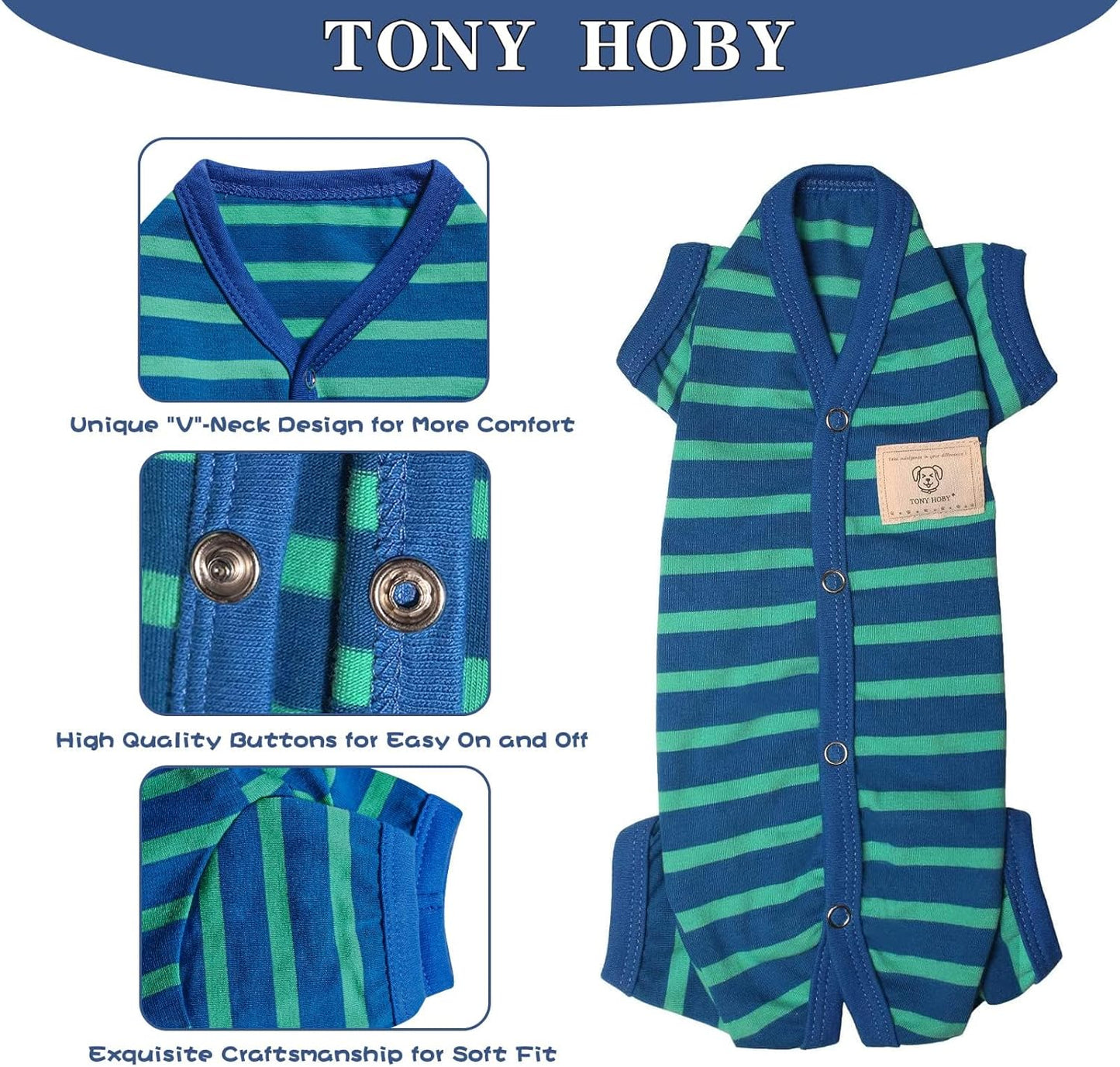 TONY HOBY Dog Pajamas for Female/Male, Dog Jumpsuit with Stripes for Small Medium Dogs, Soft and Comfortable 4 Legged Pajamas Dogs Clothes (Blue&Green, Boy, XS)