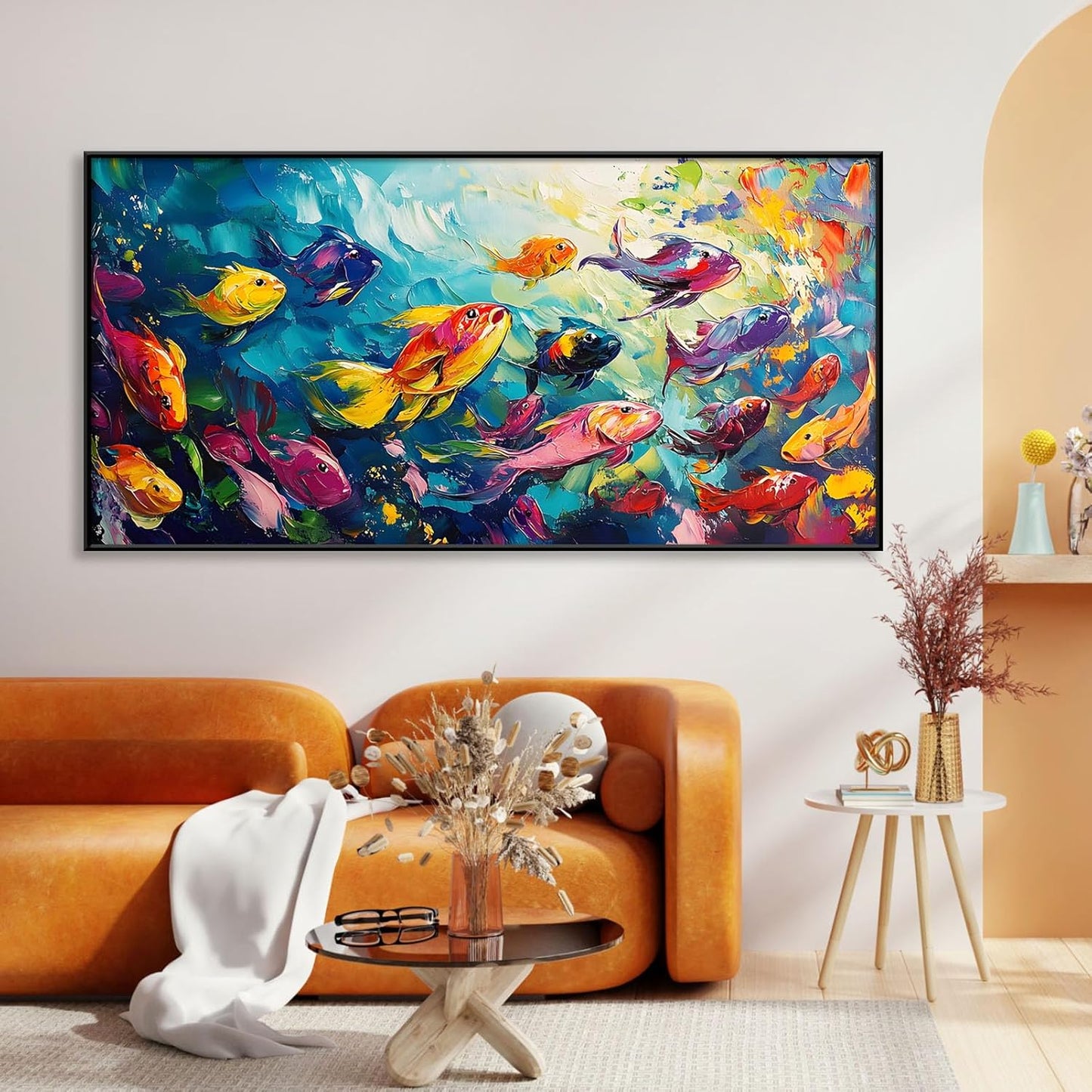 School of Fish Printed Canvas Wall Art – Framed Abstract Ocean Print – Vibrant Fish Wall Decor for Living Room, Bedroom, Office (Black Framed, 47"x23"|120x60cm)