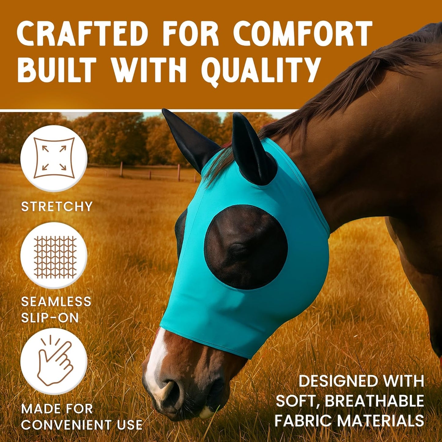 Horse Fly Mask - Durable Equine Fly Mask with Full Coverage for Eye & Ear - Stretchable UV & Sun Protection Flymask for Horses, Ponies & Mini Horses - Horse Face Cover for Pasture & Trail - Orange