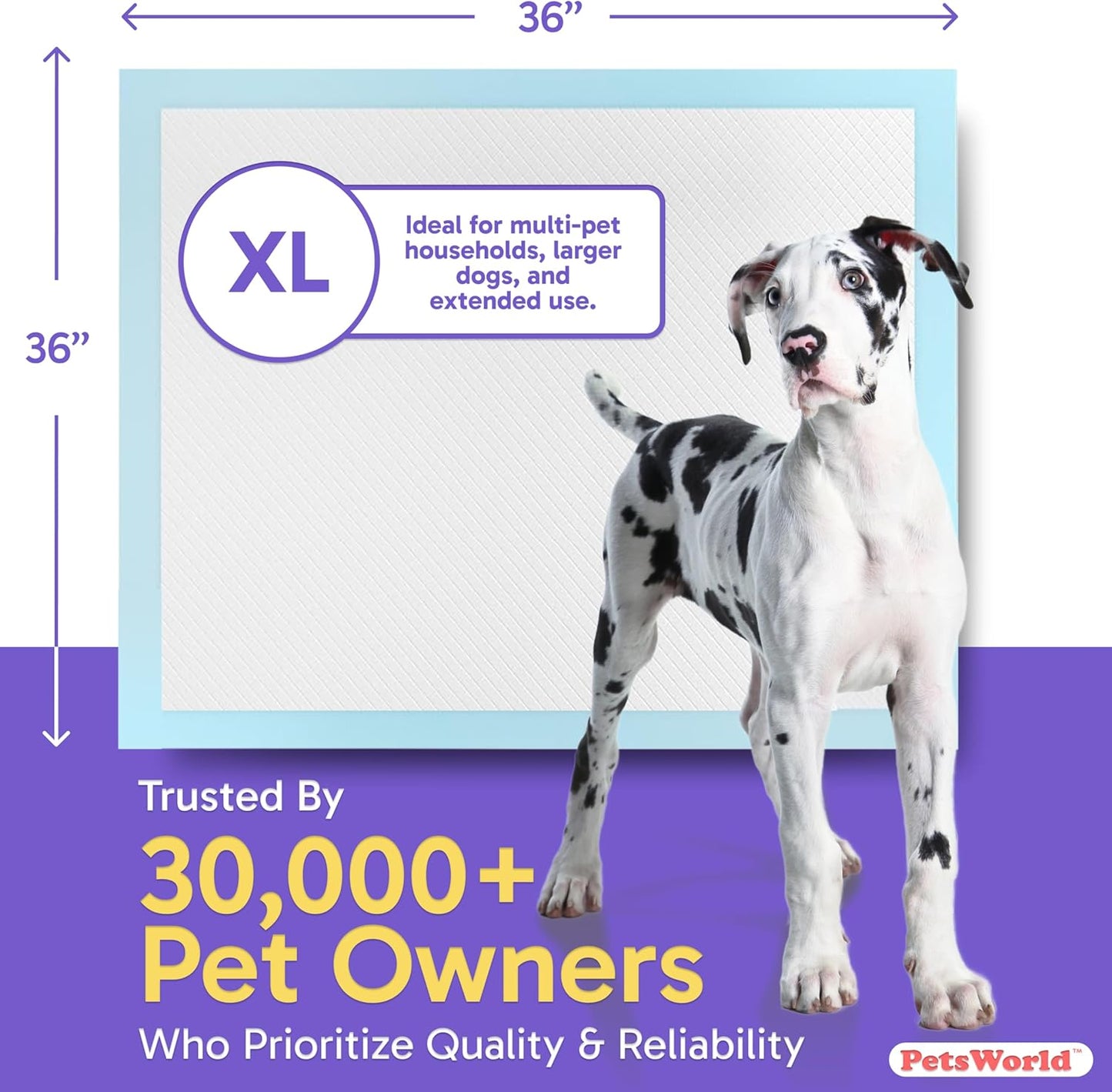 PETSWORLD Giant Dog Potty Pads, Odor-Eliminating, 36" x 36", Ultra Absorbent 5-Layer Leak-Proof Training Pads for Dogs & Cats (36x36, 25 Count)