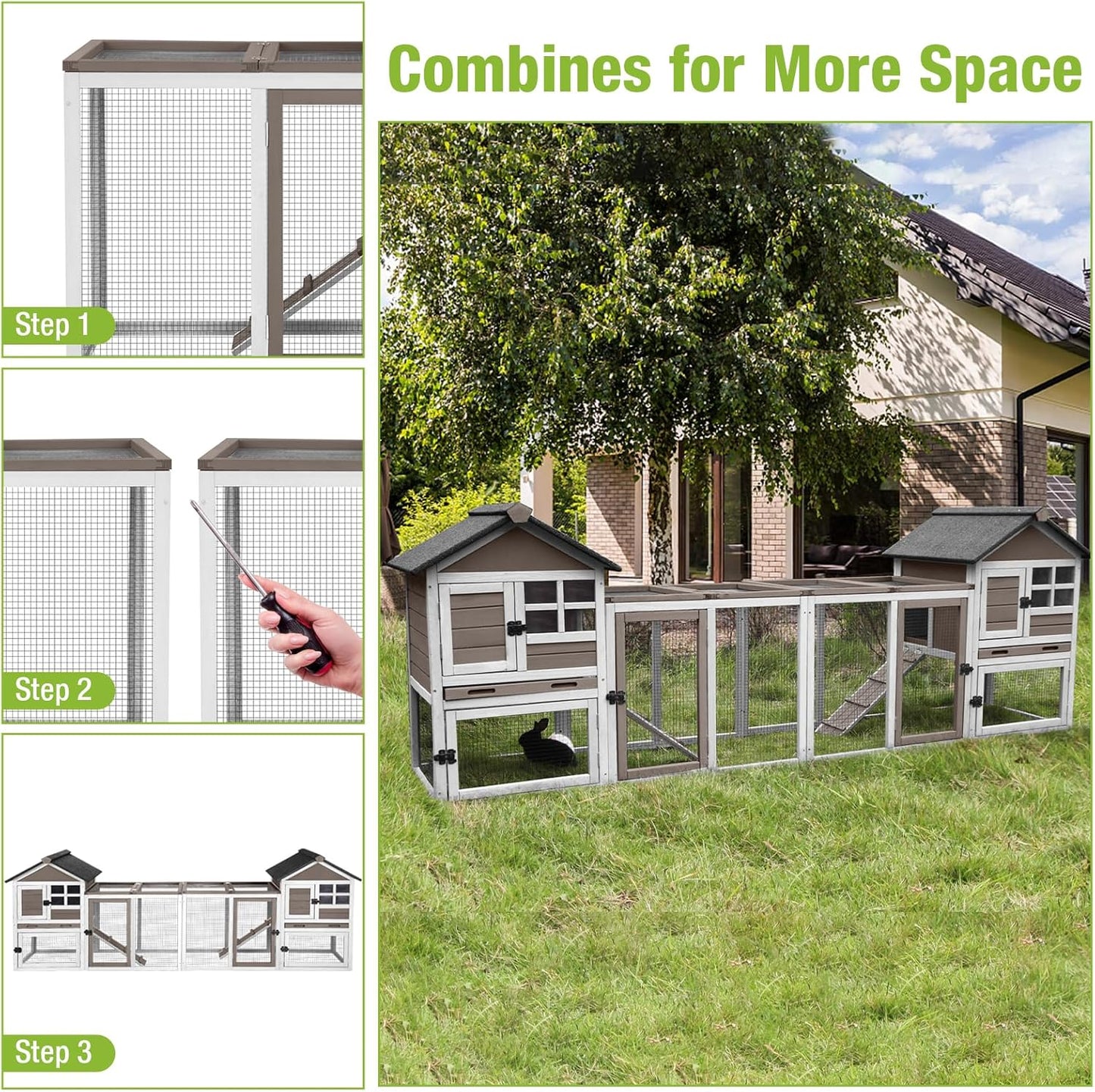 GUTINNEEN Rabbit Hutch Indoor Chicken Coop Outdoor, 51.6''L 2 Story Bunny Cage Weatherproof, Guinea Pig House with Run (Brown)