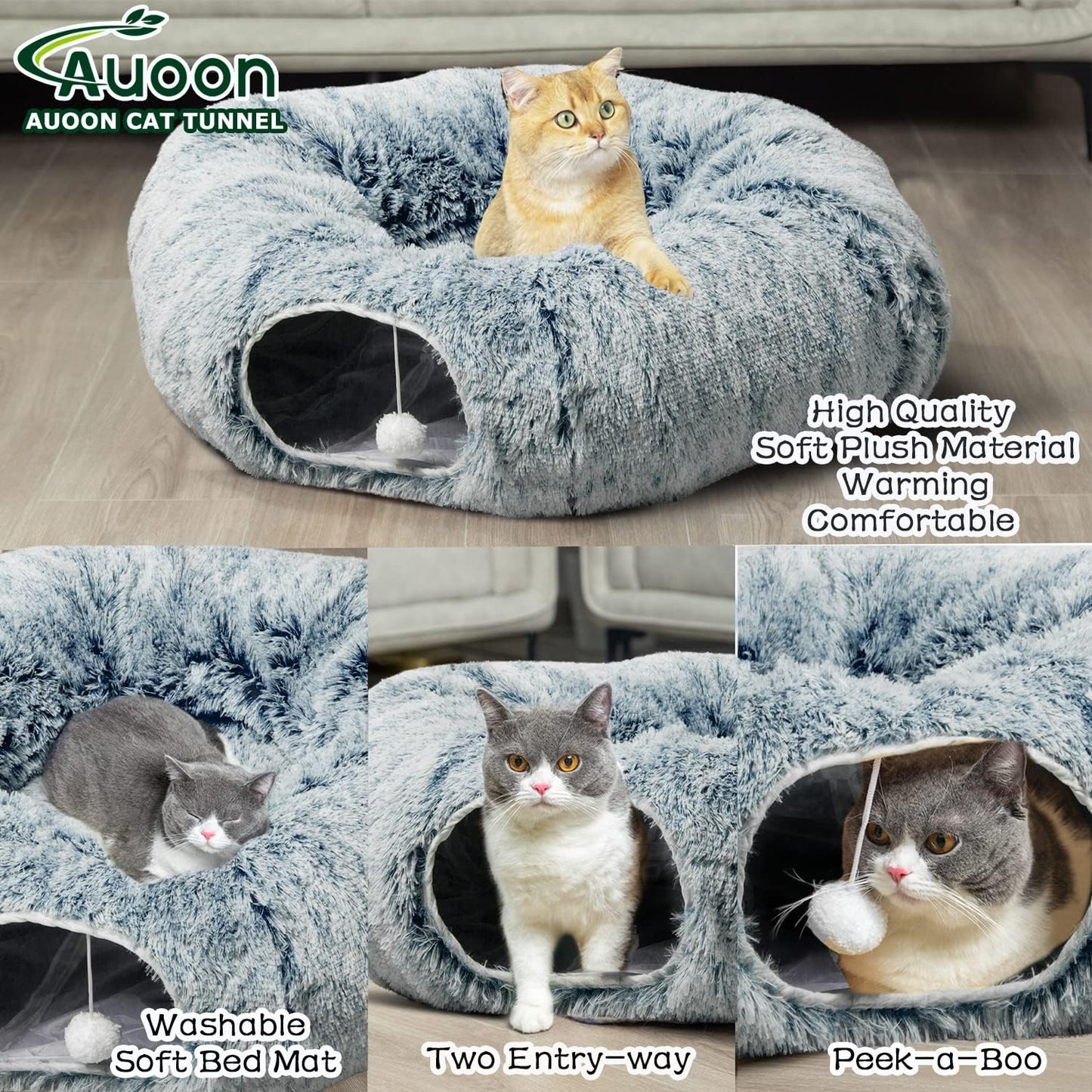 AUOON Cat Tunnel Bed - Cat Donut Tunnel with Soft Plush Circle Cushion for Indoor Cats Kitten Kitty Puppy Rabbit Ferret (Gray)
