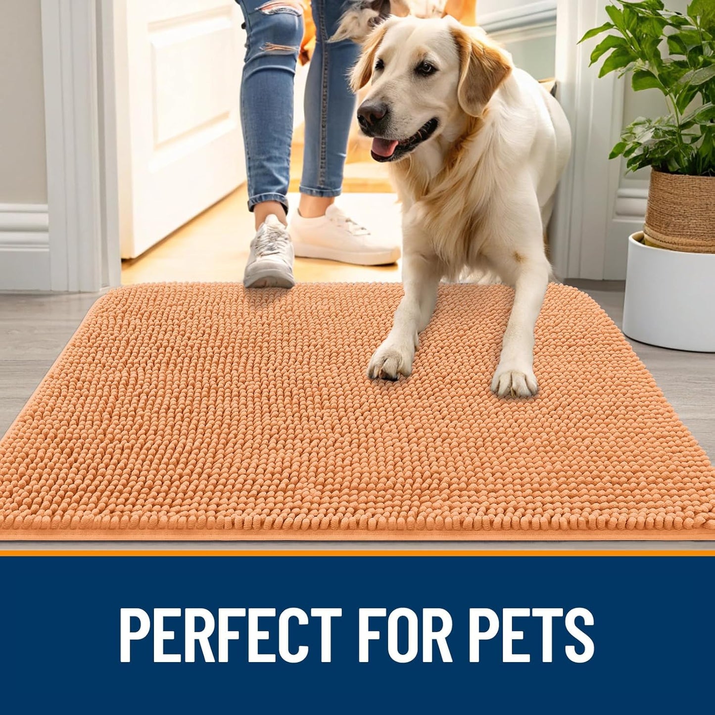 OLANLY Dog Door Mat for Muddy Paws 70x35, Absorbs Moisture and Dirt, Absorbent Non-Slip Washable Doormat, Quick Dry Chenille Mud Mat for Dogs, Entry Indoor Entryway Carpet for Inside Floor, Orange