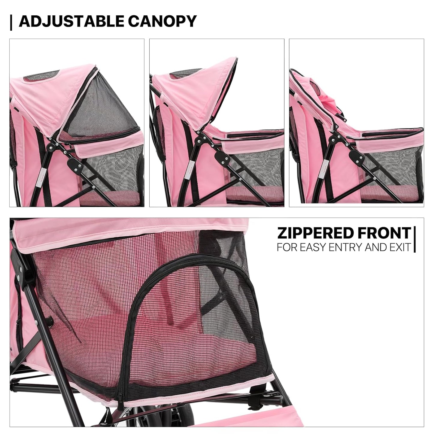 MoNiBloom 4 Wheels Pet Stroller, Easy-Fold Puppy Cage Jogger Stroller with Sun Cover, Pad and Rear Storage Bag, Breathable and Visible Mesh for Small/Medium Pets up to 22 lbs, Pink