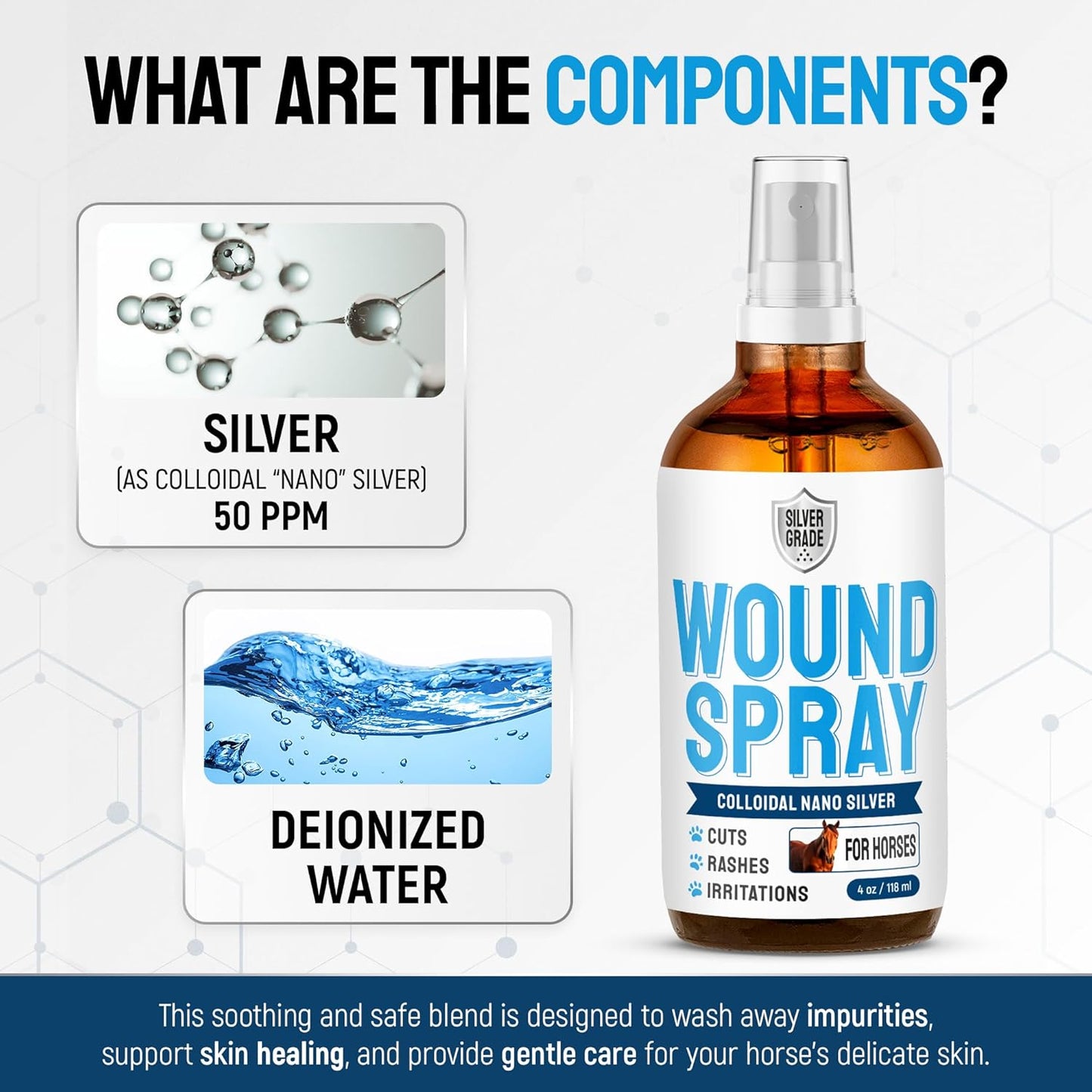 Horse Wound Care Spray with Silver – Wounds, Scratches, Cuts, Abrasions, Itching, Hot Spots, Skin Irritation – First Aid Solution and Breeds – 4 Oz