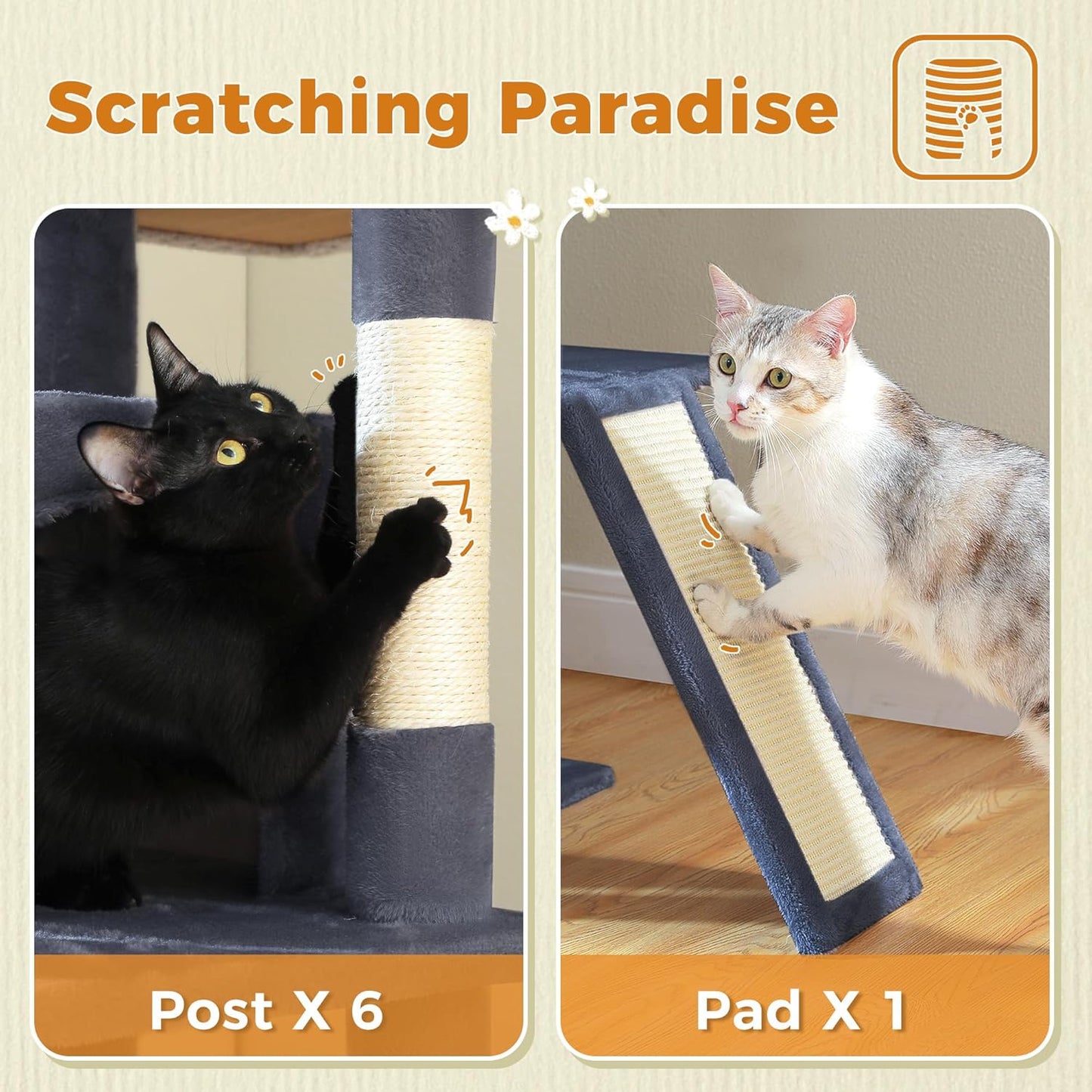 81 Inch Tall Cat Tree for Big Cats & Multi-Cat Homes, Large Heavy Duty Cat Tower with Metal Frame Hammock, 6 Scratching Posts, 2 Condos, 2 Perches, Scratching Pad - Dark Grey