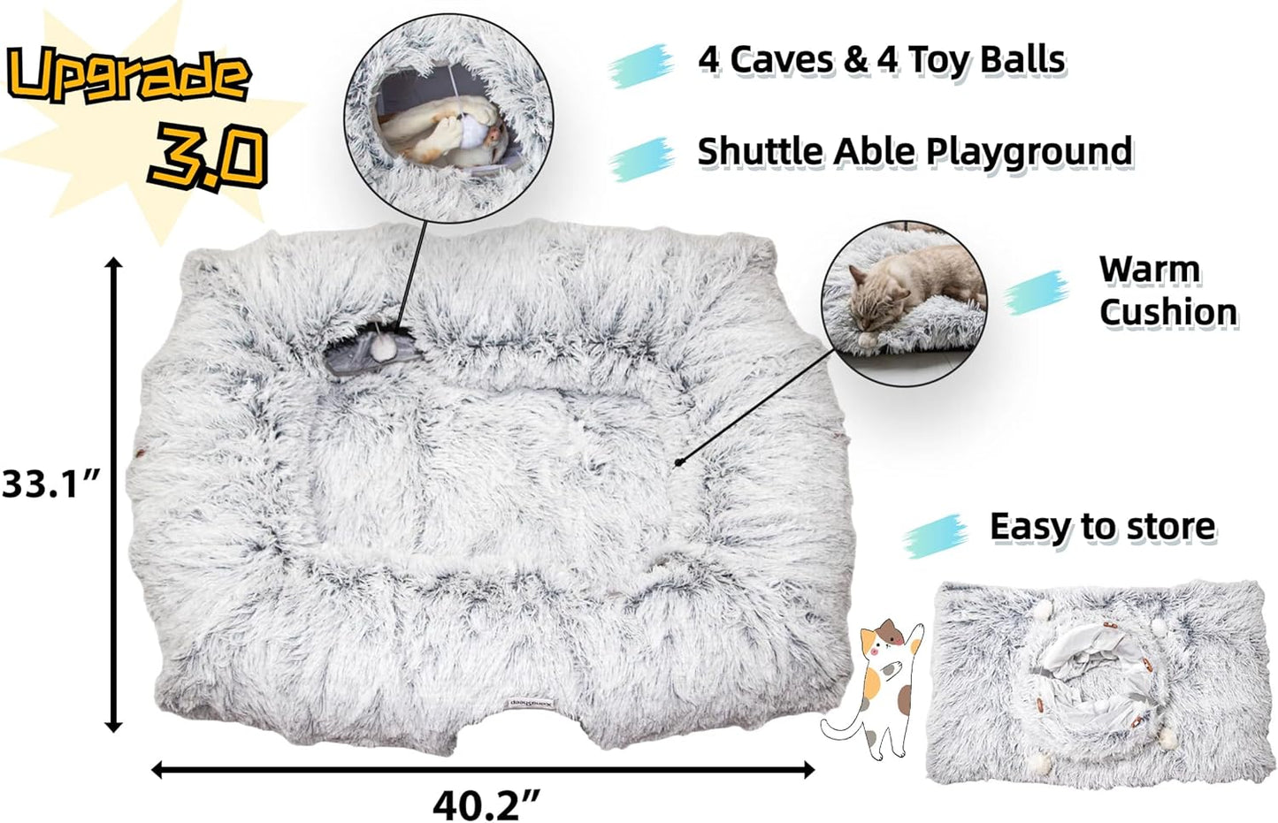 XxingSheep 4 Cave Shuttled XL Cat Tunnel Bed for Indoor Cats Peekaboo Toy Donut with Warm Mat, Yellow-Brown