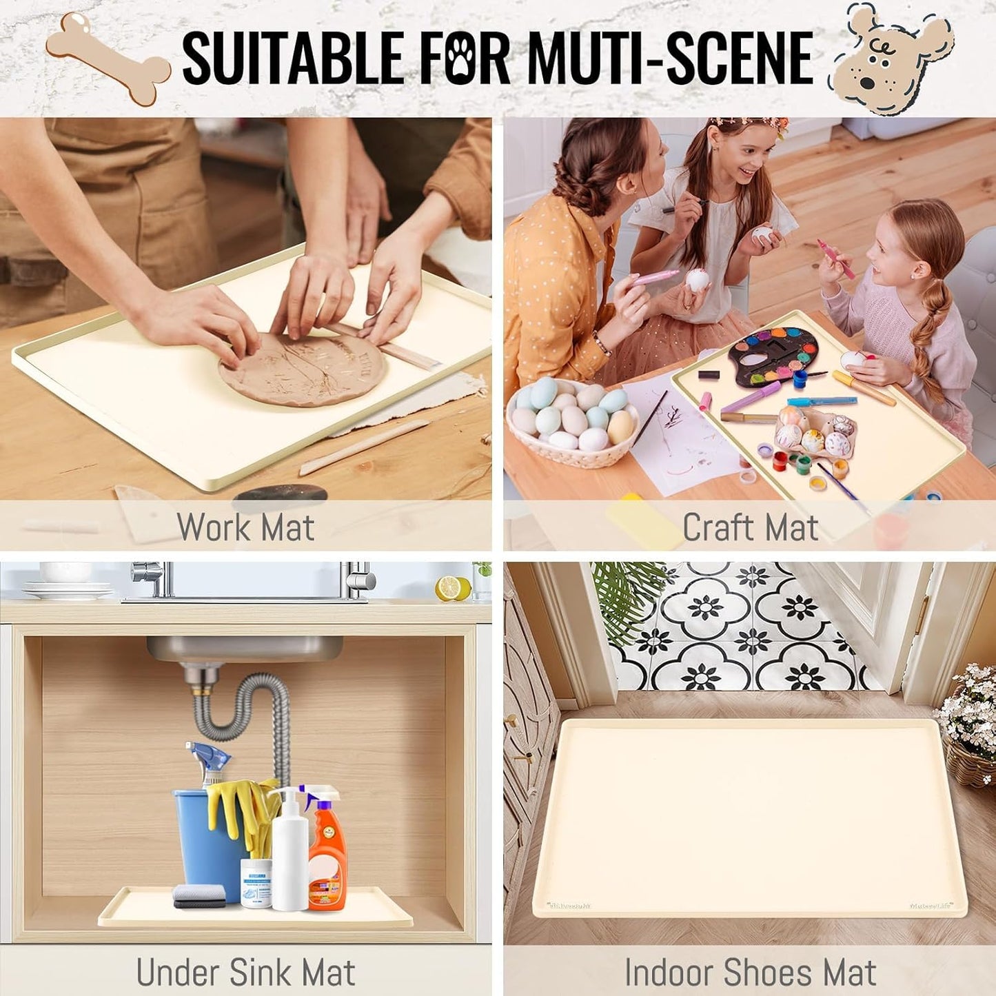 MateeyLife Dog & Cat Food Mat, Waterproof & Nonslip Silicone Feeding Mats for Dogs and Cats, Raised Edge Tray for Messy Drinkers, 22"x14", Beige