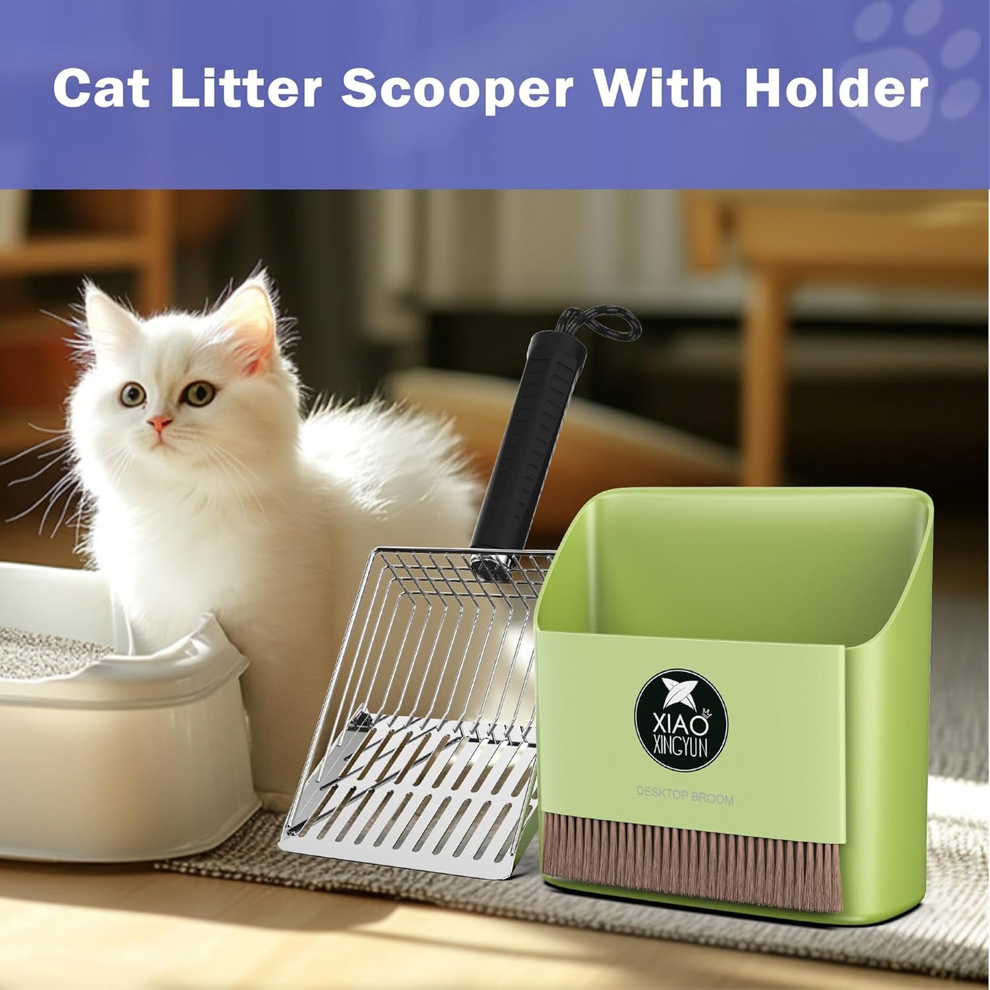 metal Cat Litter Scooper Kit - Durable large steel litter scoop with Dual Grid, Includes Broom & Dustpan for Quick, Easy Cleaning