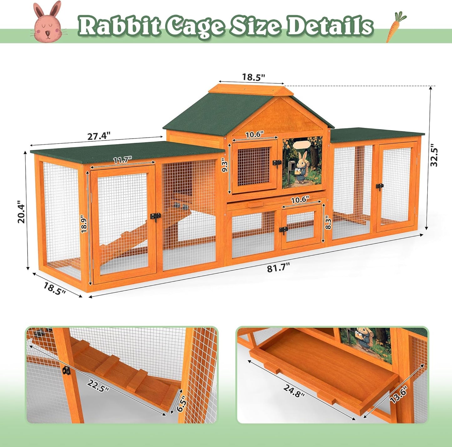 COZIWOW 82” Extra Large Fashion Wooden Outdoor Rabbit Hutch Bunny Cage Indoor Easy to Assemble and Durable with Cleaning Tray & Waterproof Roof for Small & Medium Bunny Rabbit Duck Chick (Orange)