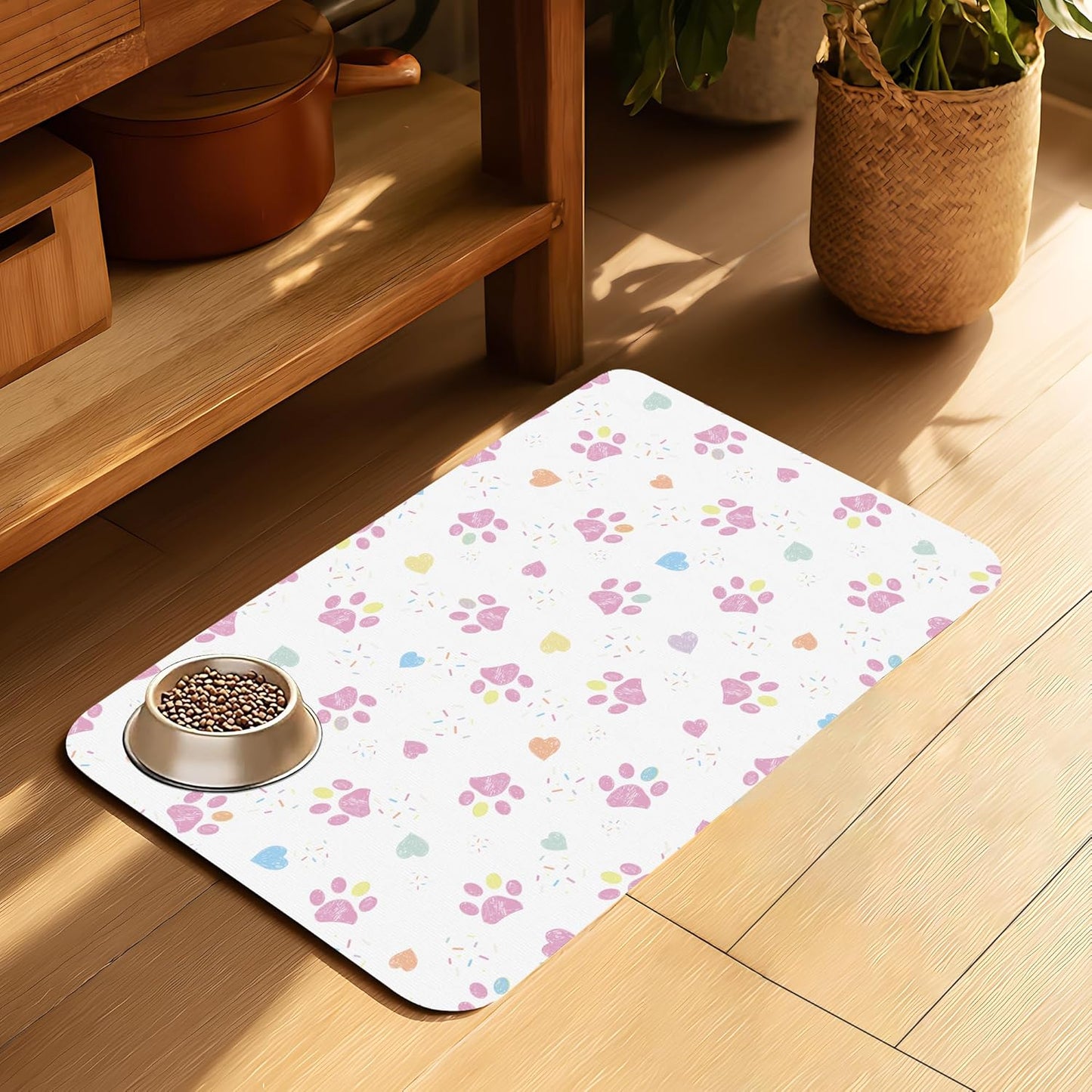 Pink Dog Paw Pet Feeding Mat for Floors-Absorbent Dog Bowl Mat for Food and Water, Quick Dry Pet Cat Feeding Mats with Non Slip Bottom, Mess-Free Dog Accessories 12"x20"