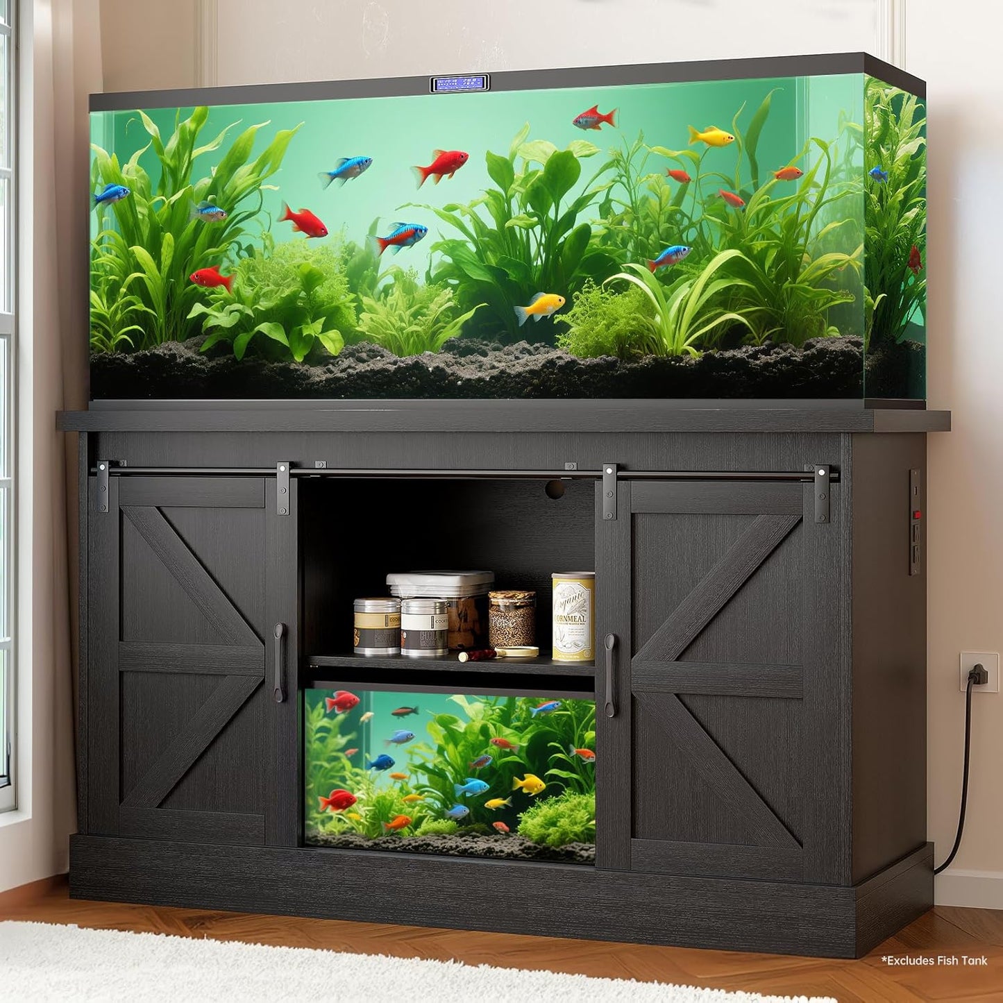 Fish Tank Stand Up to 75 Gallon, Aquarium Stand with Sliding Barn Doors & Power Outlet, Black Farmhouse Style Stand with Cabinet Storage for Fish Tank, Turtle Tank, Reptile Terrarium,1000LBS Capacity