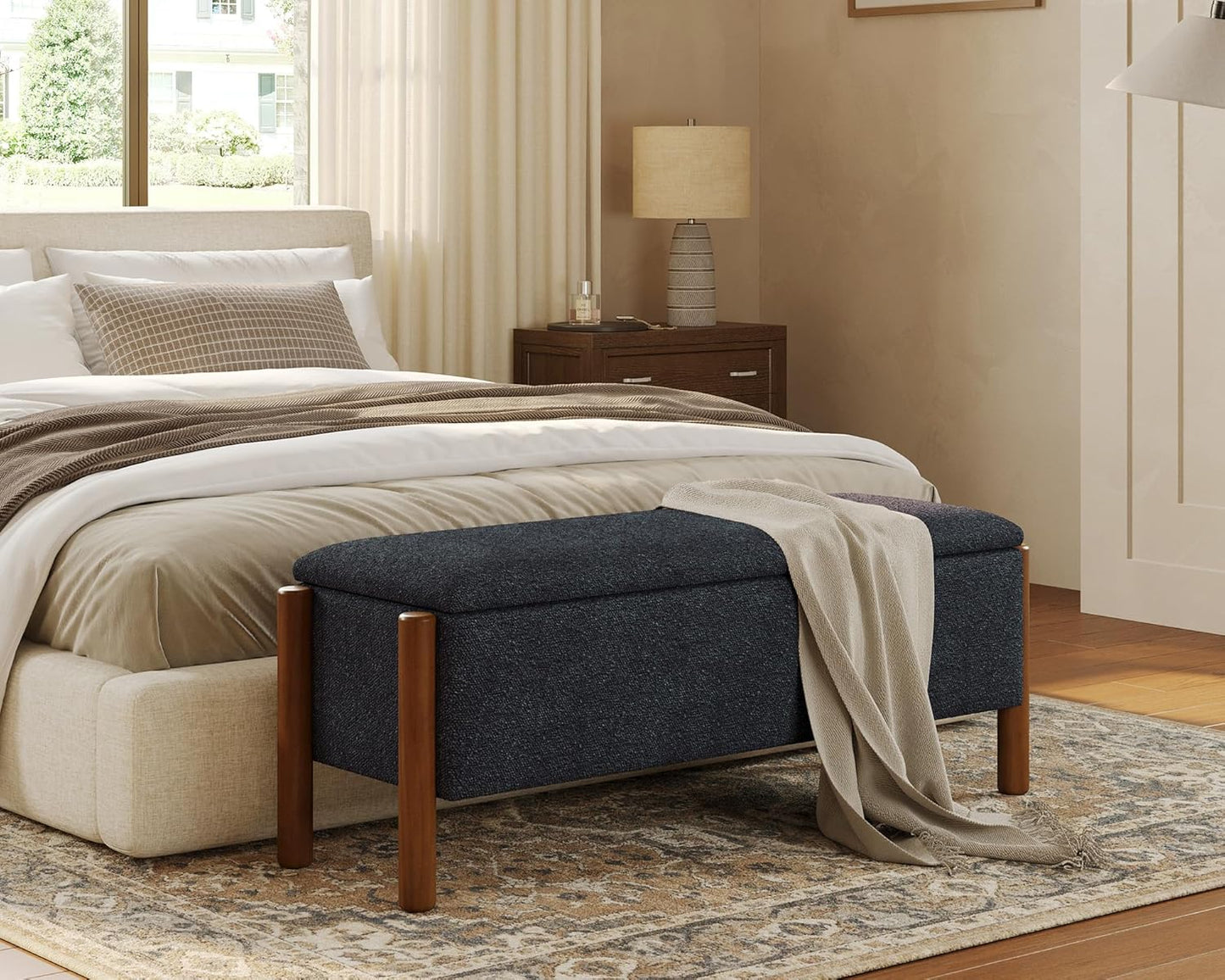 Storage Ottoman Bench, End of Bed Bench for Bedroom, 47" Boucle Upholstered Entryway Shoe Seat Bench, Holds up to 660 lb Storage Ottoman, Padded Blanket Chest Stool Foot Rest for Living Room Blue