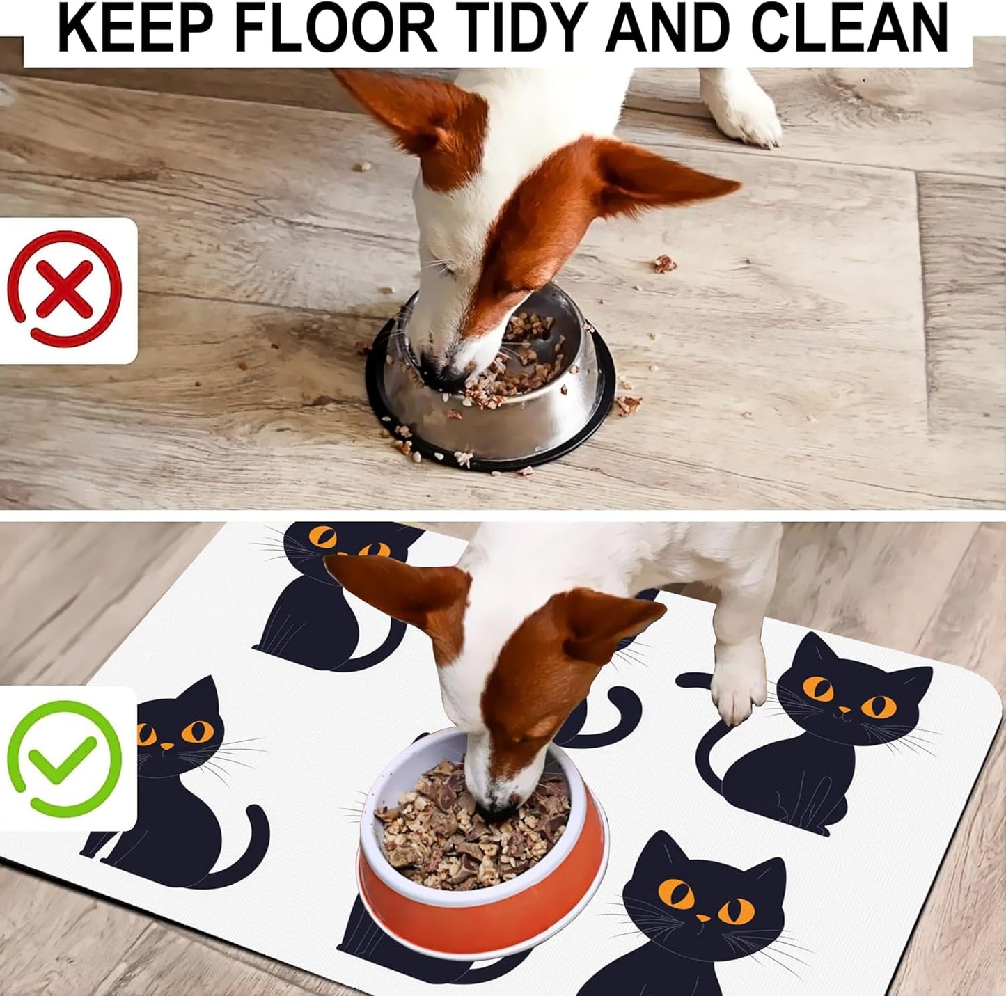 Cute Black Cats Dog Food Mat-Absorbent Pet Feeding Mat for Food and Water Bowl, Quick Dry Dog Placemat with Rubber Backing-No Stains Pet Supplies for Messy Drinkers 12"x20"