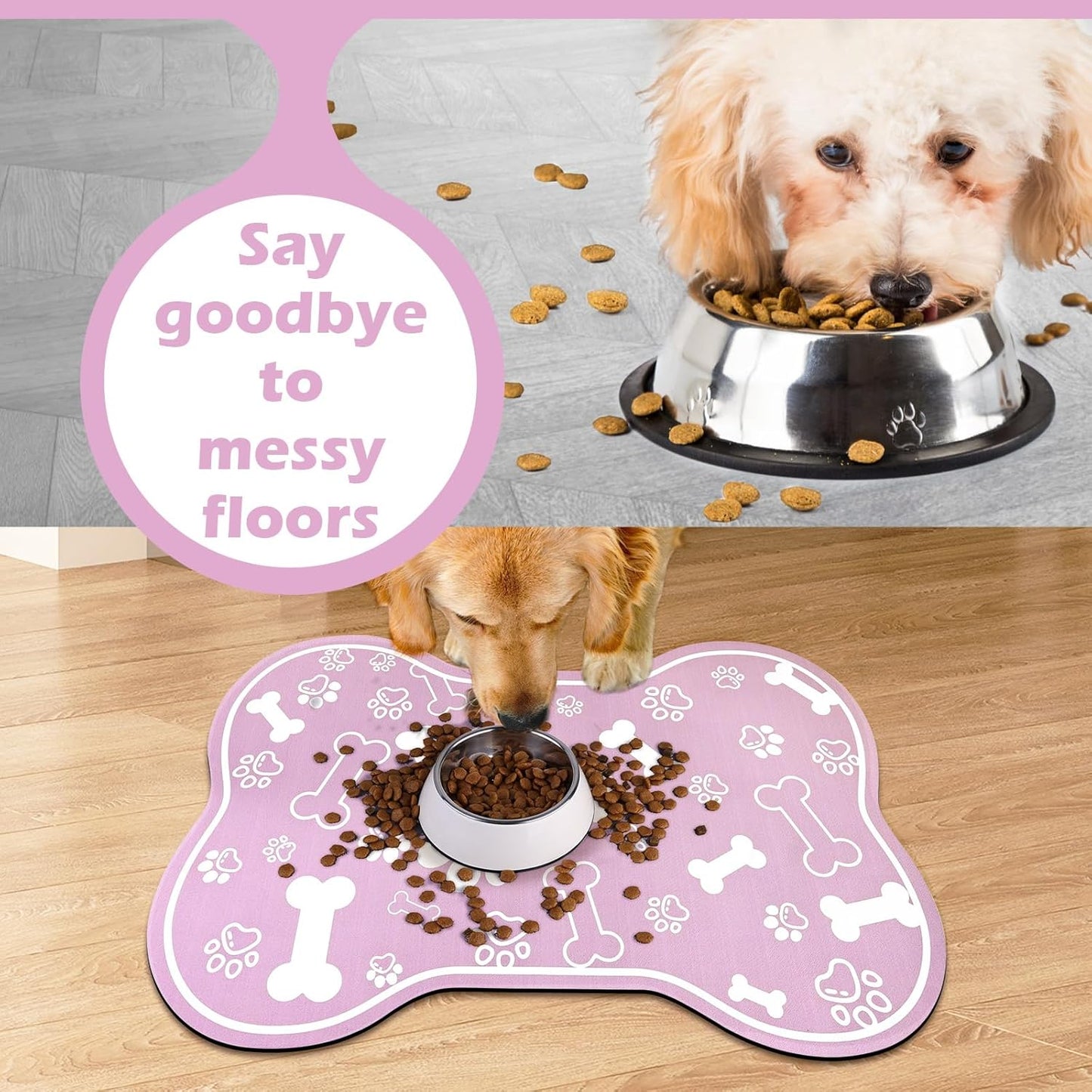 Dog Cat Mat for Food and Water,Rapid Absorbent Pet Feeding Mat, Bone Shaped Dog Placemat Bowl Mat with Rubber Backing,No Stains Pet Food Mats Indoor, Pet Accessories Supplies,Pink 12"×18"