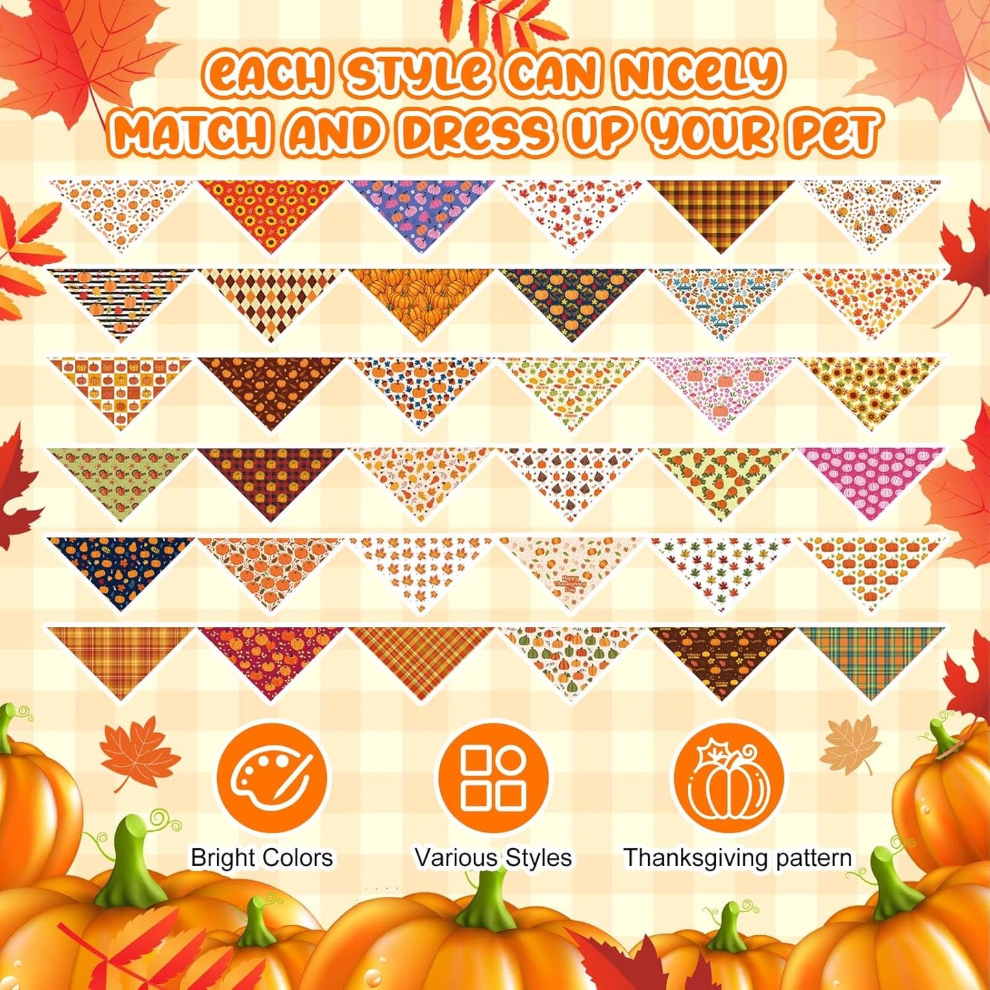 72 Pcs Fall Dog Bandanas Bulk Thanksgiving Triangle Scarf Cat Bibs Autumn Puppy Scarf Pet Bandanas for Puppy Cat Birthday Party Costume