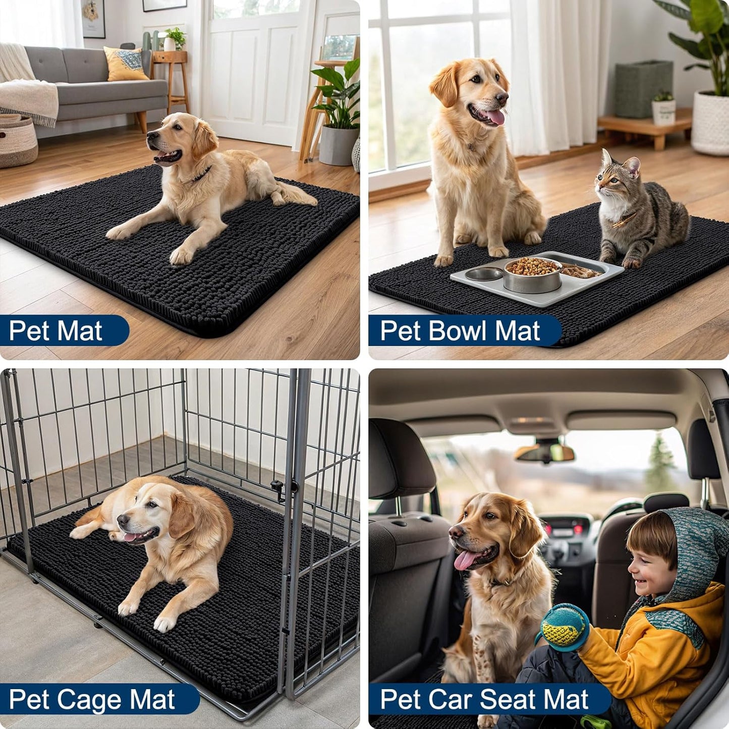 Smiry Dog Door Mat for Muddy Paws 59x24, Absorbs Moisture and Dirt Doormat, Non-Slip Washable Quick Dry Chenille Front Door Mat Indoor Entrance, Entryway Carpet for Inside Floor, Black