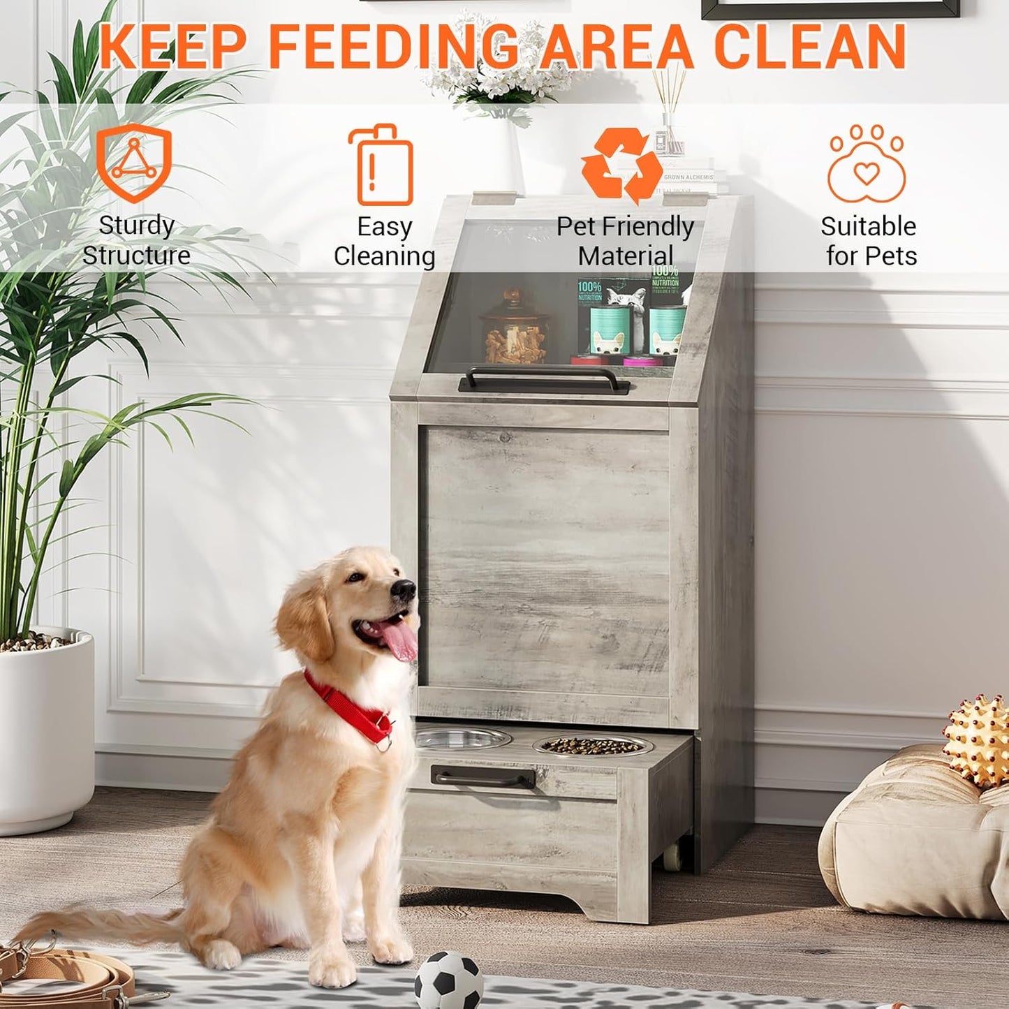 Dog Feeding Station with Storage Cabinet, 2 Elevated Bowls, FILP Top Food Storage Cabinet Container, Pet Feeding with 3 Hooks, Farmhouse Dog Feeder Station, Grey