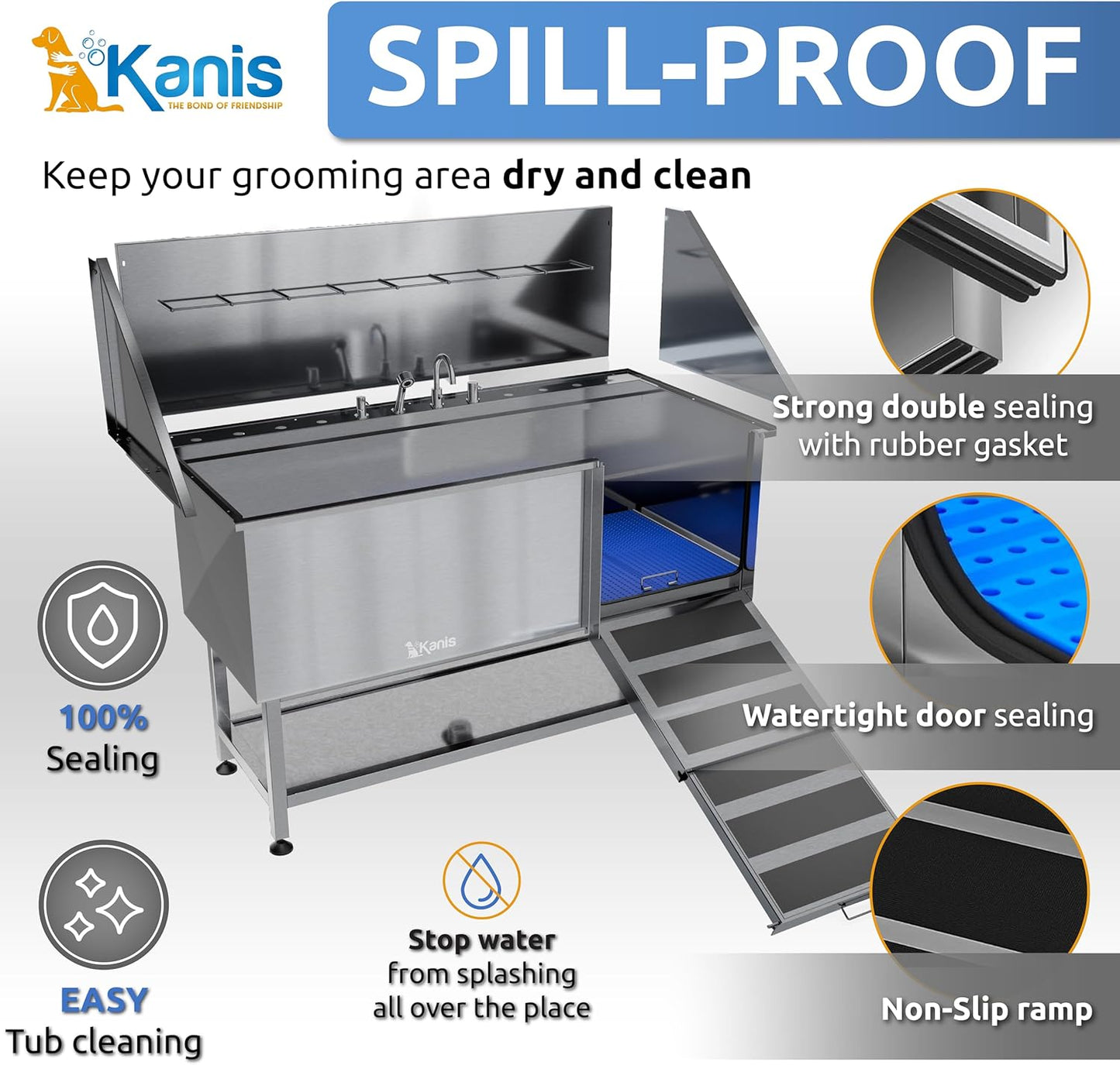 KANIS Professional Dog Washing Station - 304 Stainless Steel Pet Wash Sink & Grooming Bath Tub for Home with Ramp, Shower, Floor Grate, Storage Shelf, Faucet, Drain Kit for Large, Medium & Small Pets