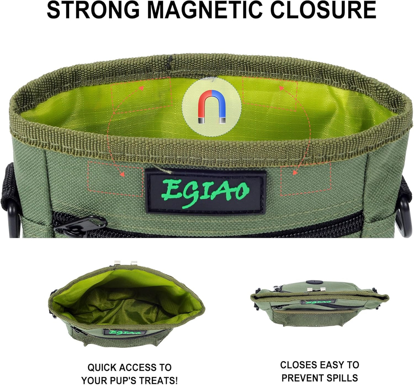 Dog Treat Pouch with Collapsible Dog Bowl, Training Clicker and Poop Bags, Treat Pouches for Pet Training, Magnetic Closure, Built-in Poop Bag Dispenser, Waist Belt Clip, Puppy Treat Bag - Green