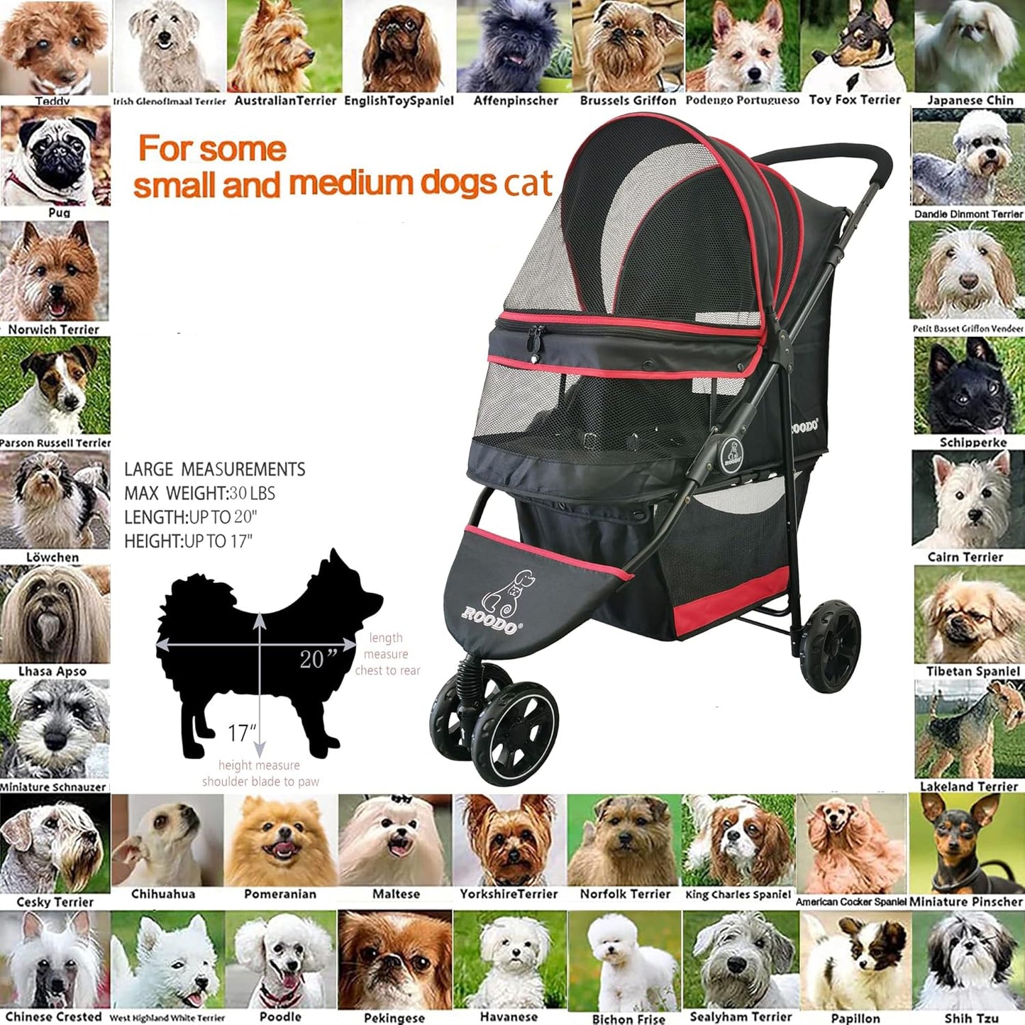 ROODO Escort 3 Wheel Dog Cat Pet Stroller for Small/Medium Dogs Cats Best Lightweight Foldable Portable Compact Jogger Travel All Terrain Pet Gear System Puppy Doggie Bunny Kitty Stroller(Black)