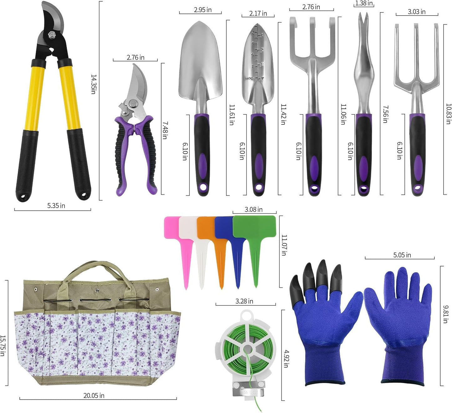 41-Piece Premium Gardening Tool Set, Stainless Steel Heavy Duty Gardening Tool Kit, with Non-Slip Rubber Grip, Storage Tote Bag, Outdoor Hand Tools, Ideal Gardening Gifts for All (Purple Floral)