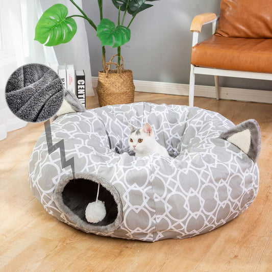 LUCKITTY Geometric Cat Tunnel Bed Oxford Outside with Plush Inside,Cats Toys Collapsible Tunnel Tube with Balls, for Rabbits, Kittens, Ferrets,Puppy 3FT
