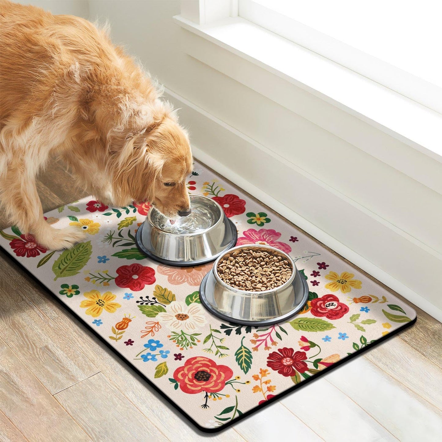 Dog Food Mats for Floors, Absorbent Quick Dry Pet Cat Food Mat, Dog Bowl Mats for Food and Water Dispenser Mat, Eco-Friendly Dog Accessories Pet Supplies 12""x20"", Floral White