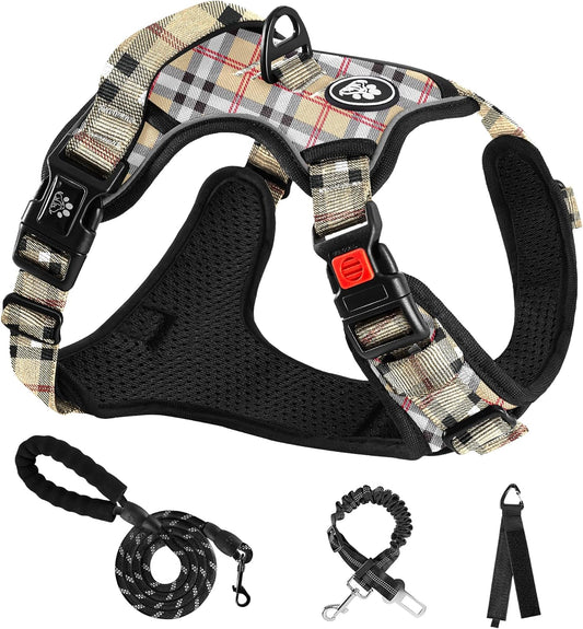NESTROAD No Pull Dog Harness with Leash, Reflective No Choke Pet Vest Harness,Adjustable Soft Padded Dog Harness with Easy Control Handle for Large Dogs(Checkered Beige,Large)
