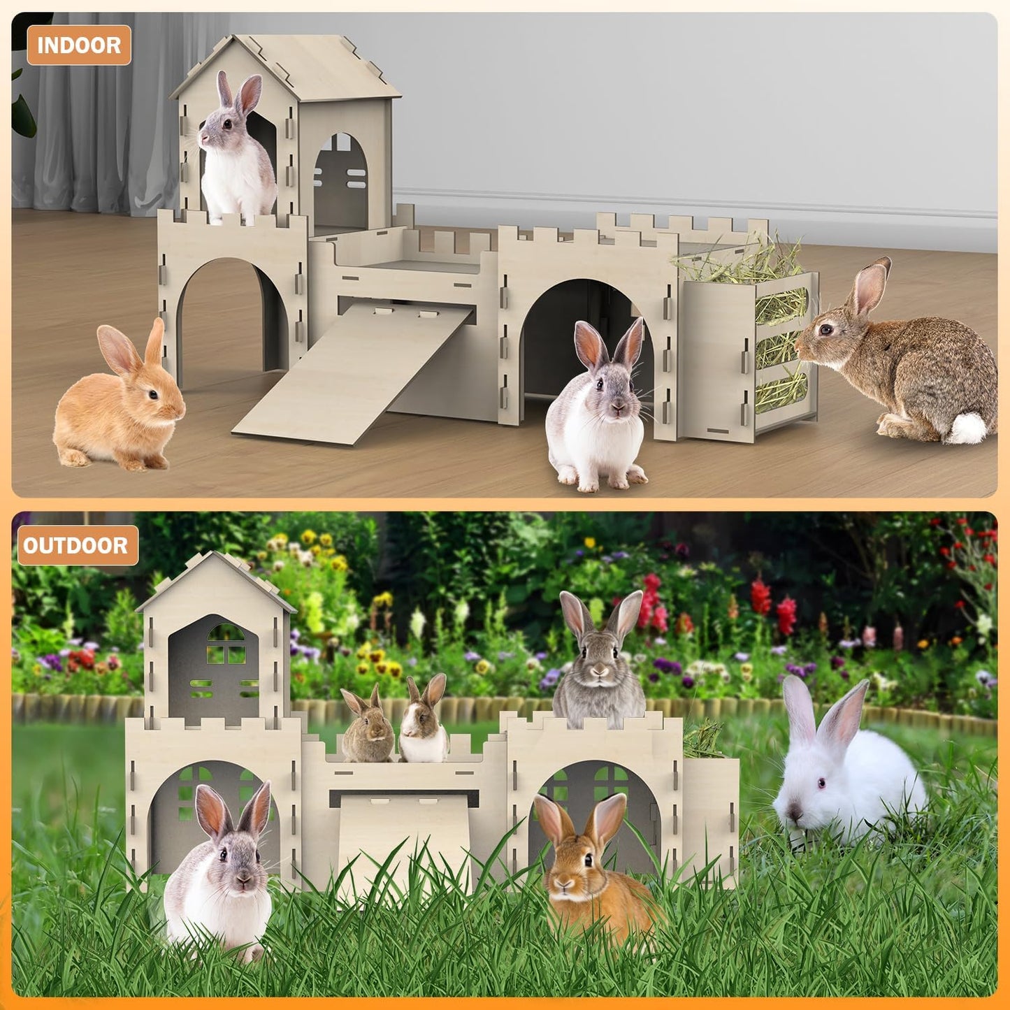 Large Bunny House and Hideouts, Wooden Dual-Layer Rabbit Castle with Stair, Rubber Band-Free Setup - chew-Proof, Sturdy Habitat for Guinea Pig Chinchilla Ferret (Rabbit House with Hay Feeder)