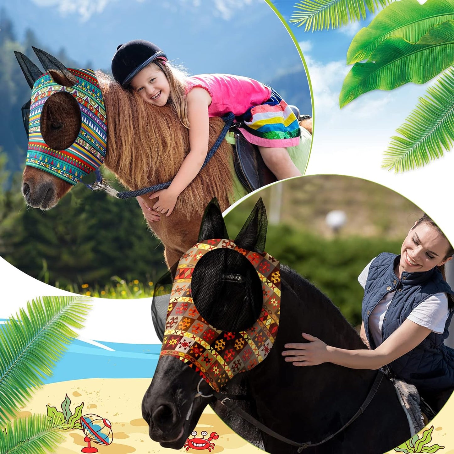 Qualirey12 Pieces Horse Fly Mask Bulk Comfortable Elasticity Mask for Horses with Ears Net UV Protection Breathable Horse Supplies Face Covering for Horse Pony and Foal (Geometric Patterns, Medium)