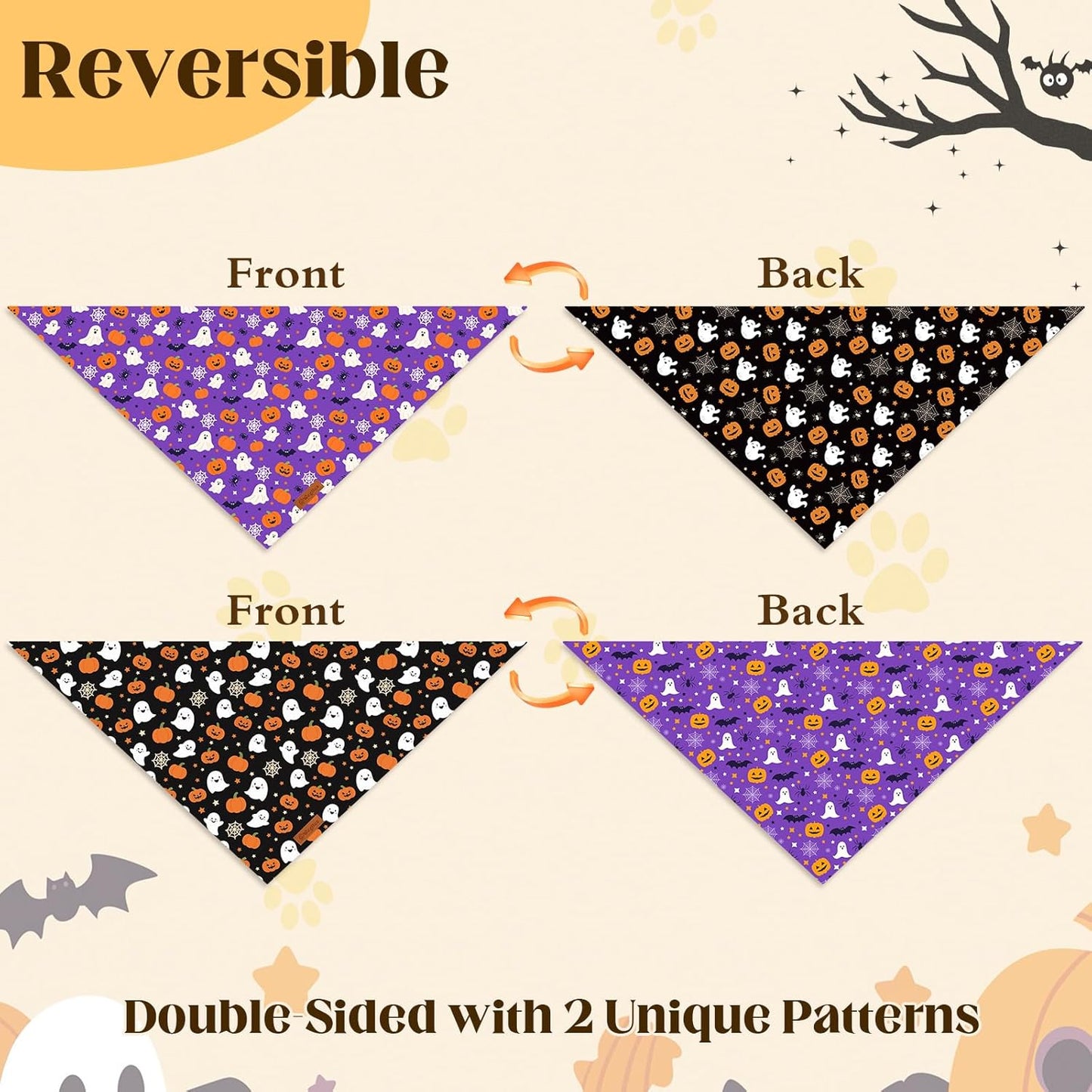 2 Pack Halloween Dog Bandanas,Leather Brand Logo, Double-Layed Soft Skin-Friendly Fabric, Autumn Scarf Accessory for Boys & Girls,Suitable for Halloween, Daily Walks & Family Outings