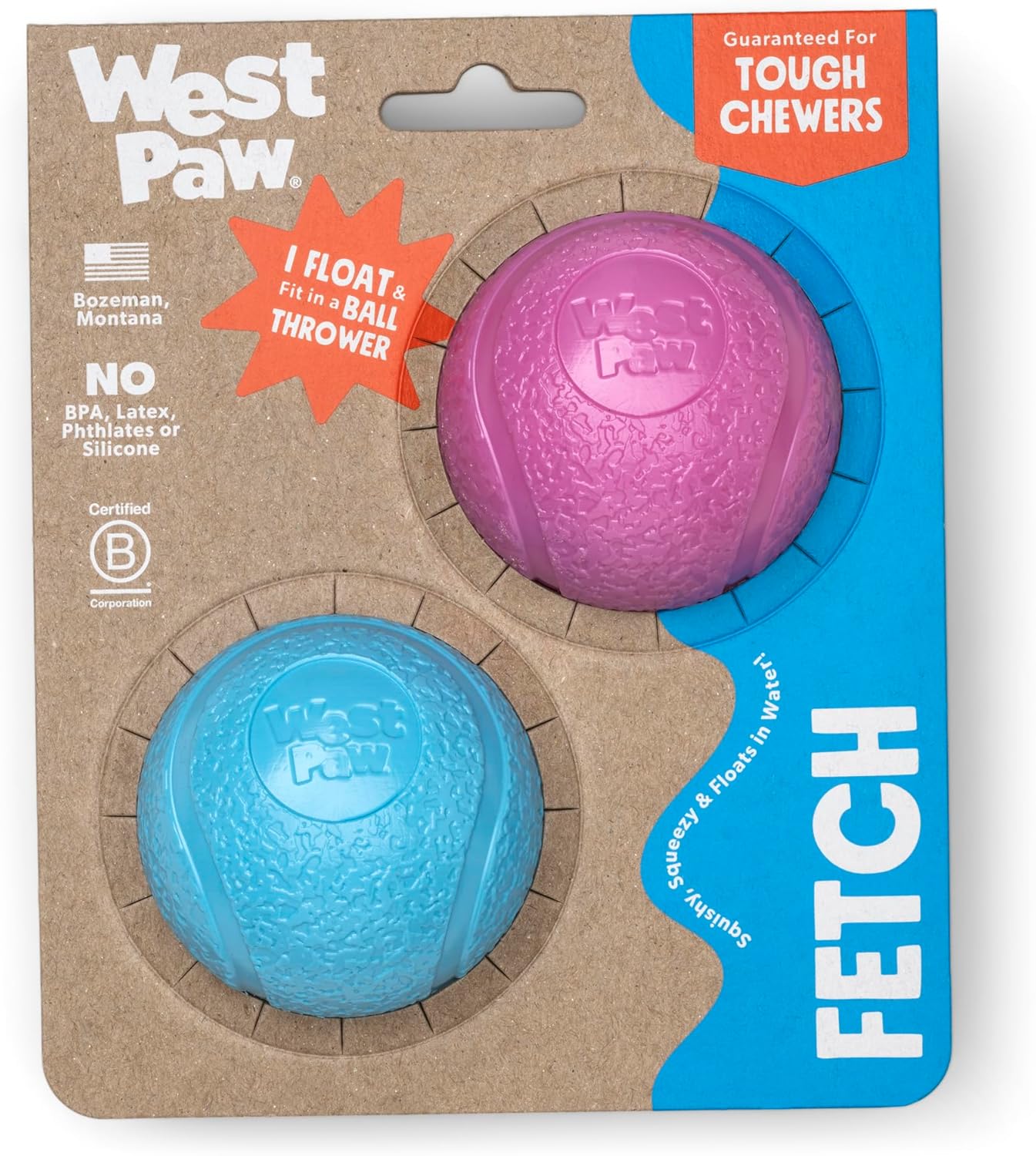WEST PAW Boundr Ball Dog Fetch Toy – Bouncing Toys for Dogs, Fetch, Catch, Chewing, Play – Floatable, Recyclable Balls – Small Hot Pink/Aqua Blue 2-Pack