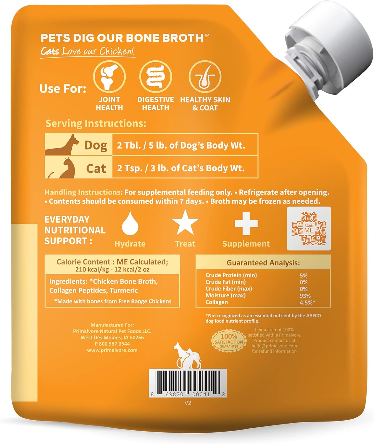 Primalvore Free-Range Bone Broth for Dogs &Cats, Mobility Formula w/Collagen Peptides to Help Support Hip & Joints, Digestion, Skin & Coat and Hydration, Human Grade, Made in USA. Chicken 6 Pack