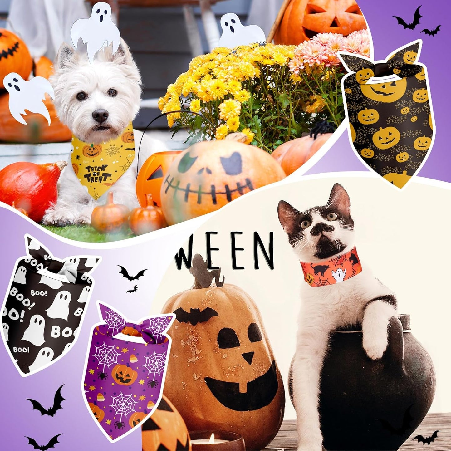 100 Pieces Halloween Dog Bandanas Bulk Pumpkin Ghost Bandanas for Dogs Soft Triangle Bibs Adjustable Triangle for Small Medium Large Pets Halloween Party Costume