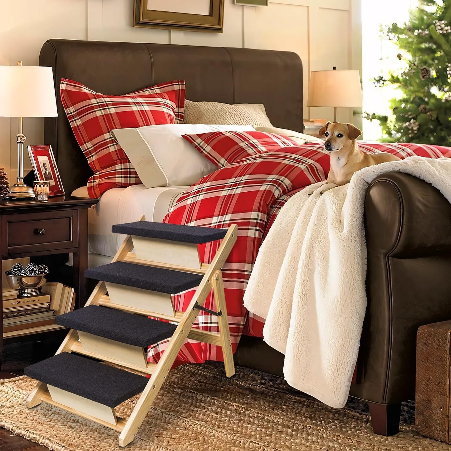 BRIKY 2-in-1 Dog Stairs/Ramp with 4 Steps, Foldable Dog Stairs for High Beds Cars Couch, Durable Wooden Pet Stairs for Small Medium Large Dogs, No Assembly Required