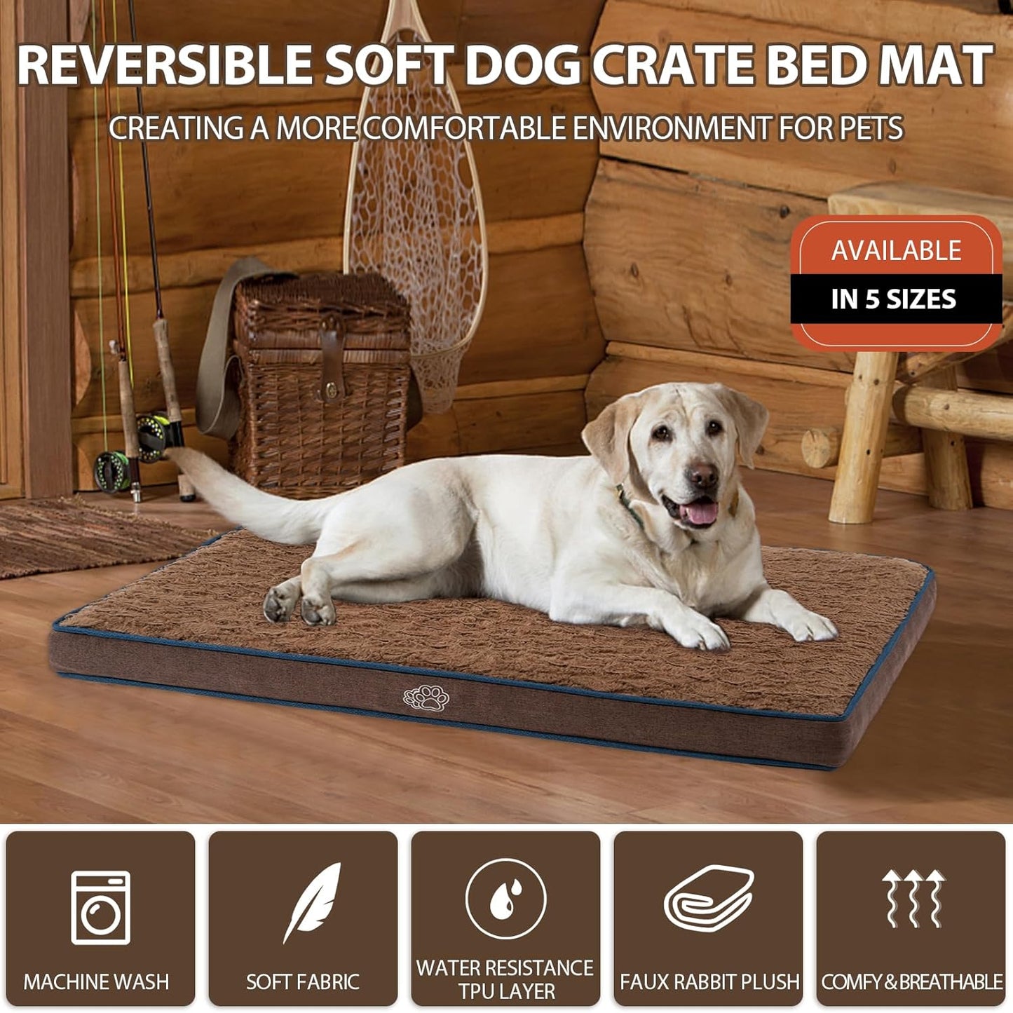 EMPSIGN Dog Bed Mat 47 Inch Reversible Warm & Cool,Washable Dog Crate Bed with Egg Crate Foam Support, Pet Sleeping Mat for Large Medium Small Dogs, Fluffy Kennel Pad(Brown)